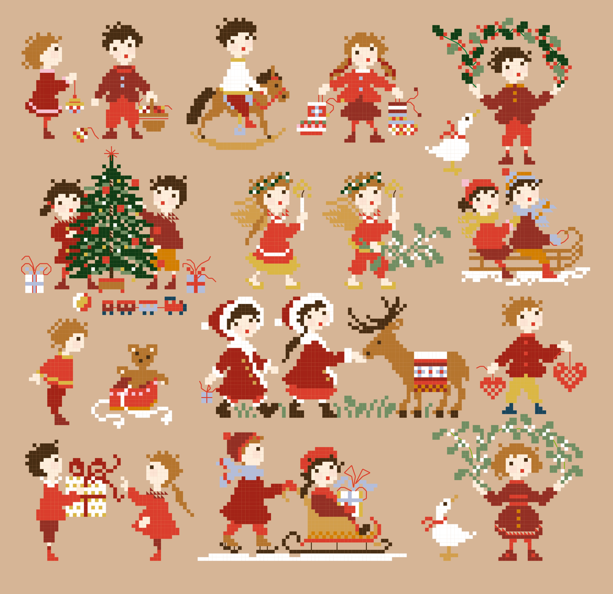 Grille point de croix Noël : farandole de 20 enfants. 155x148 pts. Broderie festive et poétique signée Perrette Samouïloff.