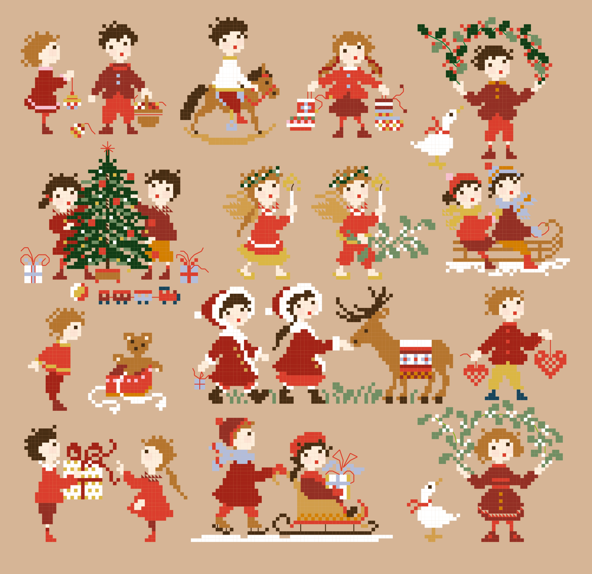 Grille point de croix Noël : farandole de 20 enfants. 155x148 pts. Broderie festive et poétique signée Perrette Samouïloff.