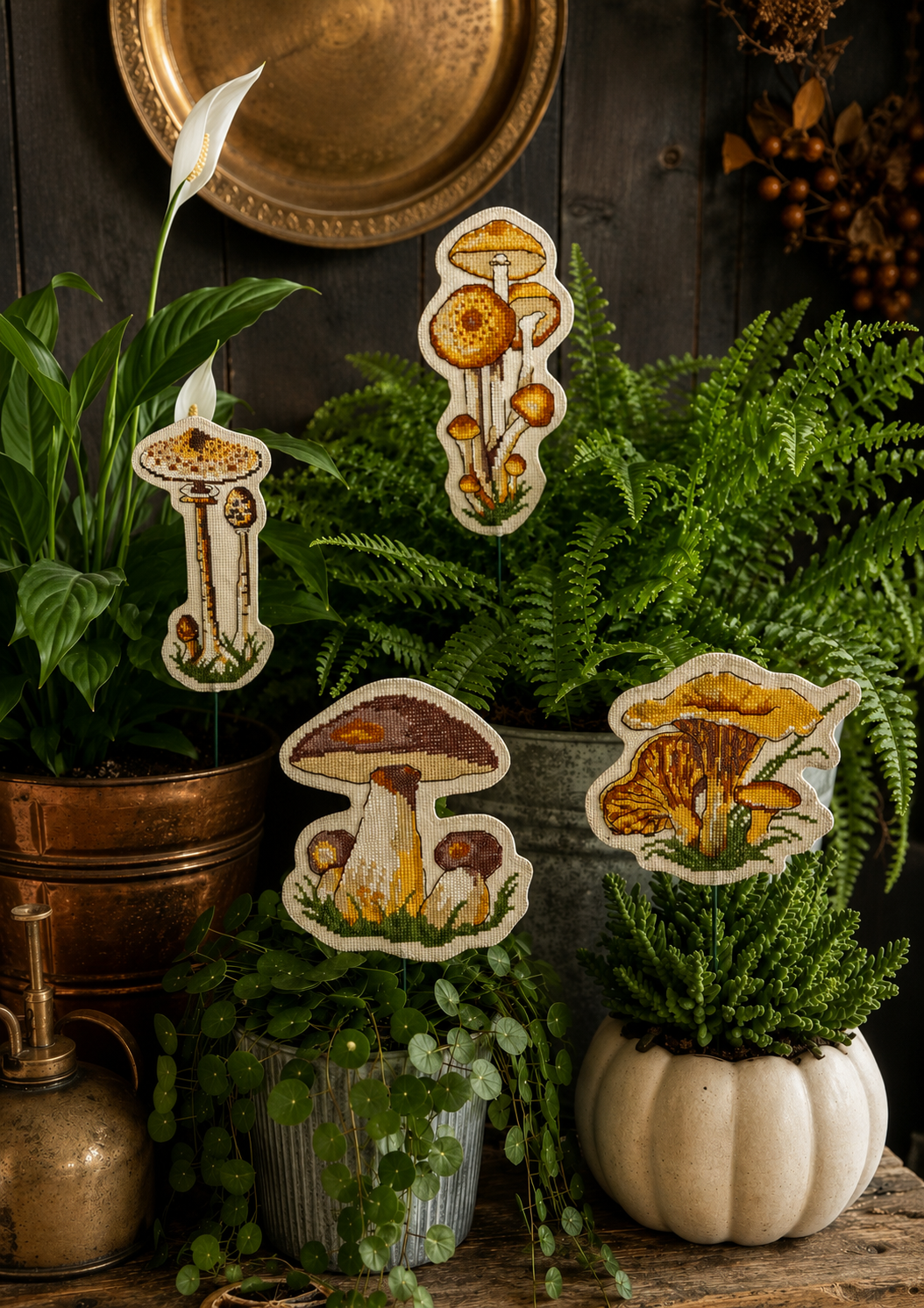 Grille point de croix « 4 champignons » : petits sujets à piquer, champignons, citrouilles et feuillages automnaux. À retrouver dans CPC n°120.