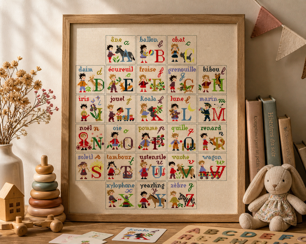 Abécédaire imagier animaux et objets à broder au point de croix. 248x298 pts. Création Perrette Samouïloff, alphabet ludique pour enfants.