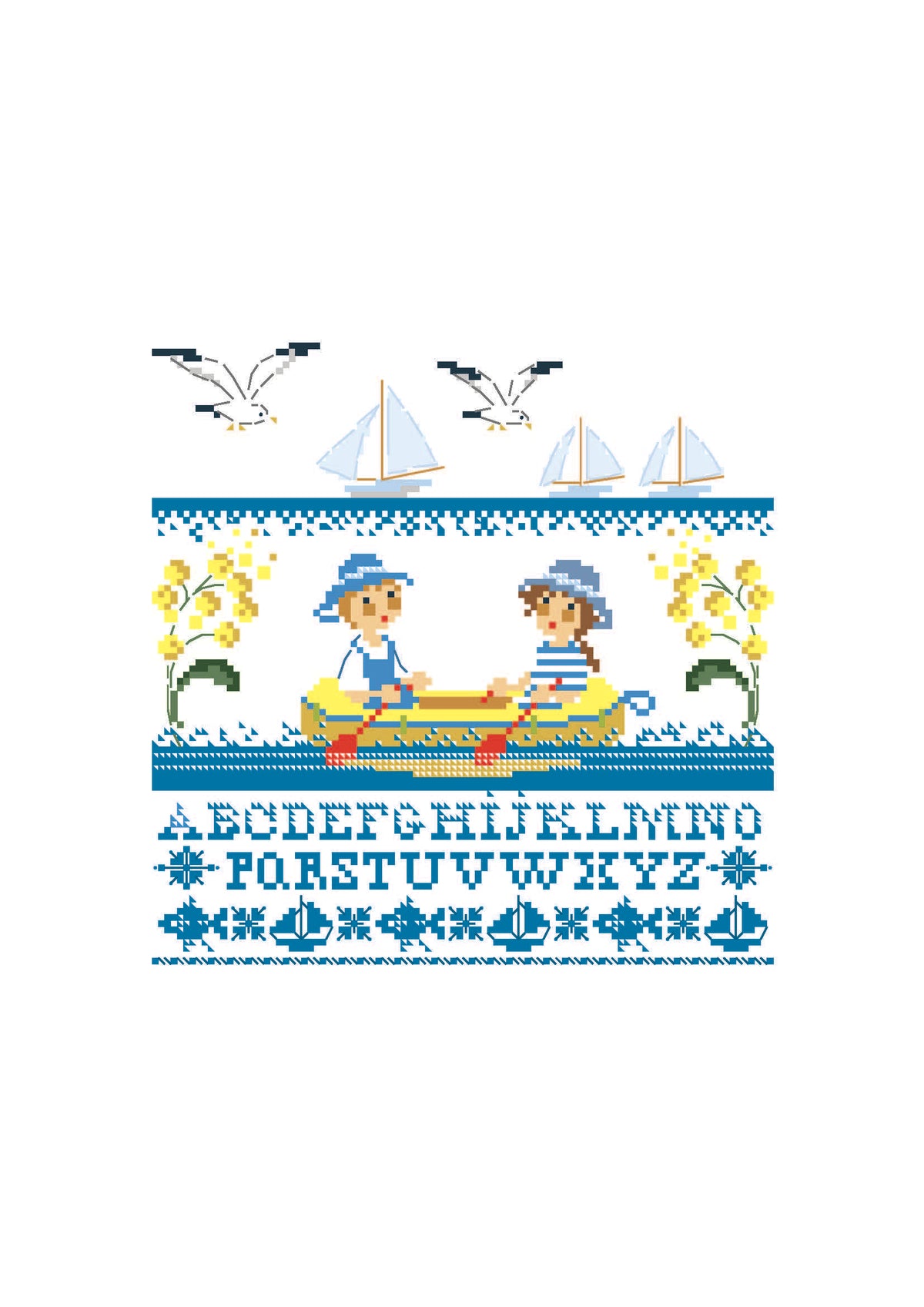 Grille point de croix représentant un abécédaire marin avec deux enfants en canoë. Création de Perrette Samouiloff. 100 x 100 points, point de croix 2 brins.