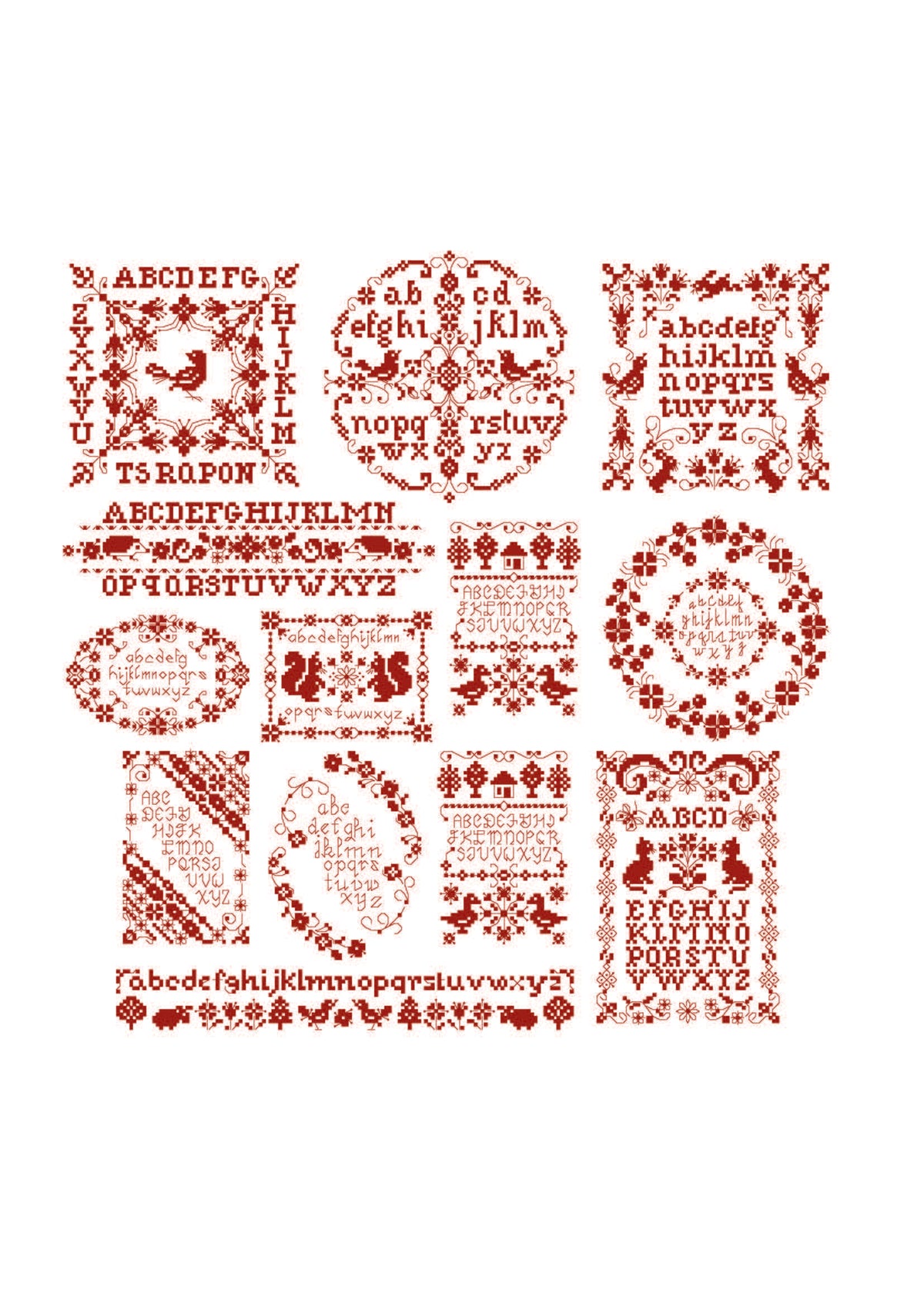 Brodez les abécédaires au charme d’antan de Perrette Samouïloff : motifs traditionnels, oiseaux et frises fleuries en monochrome rouge DMC 347.
