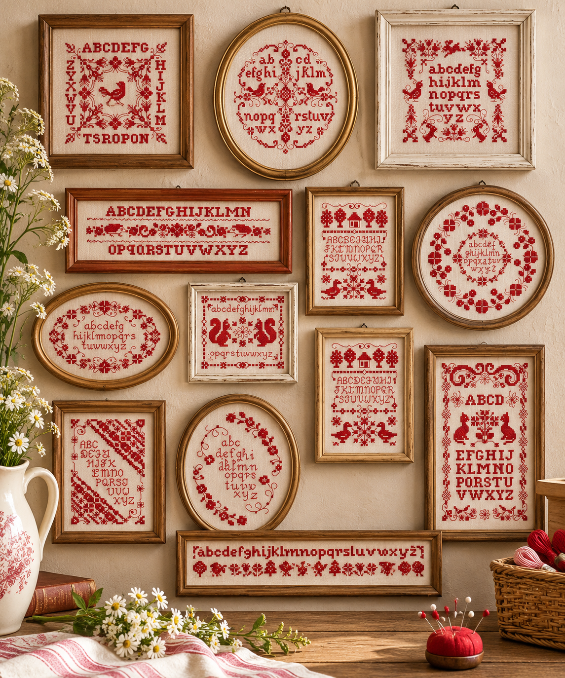 Brodez les abécédaires au charme d’antan de Perrette Samouïloff : motifs traditionnels, oiseaux et frises fleuries en monochrome rouge DMC 347.