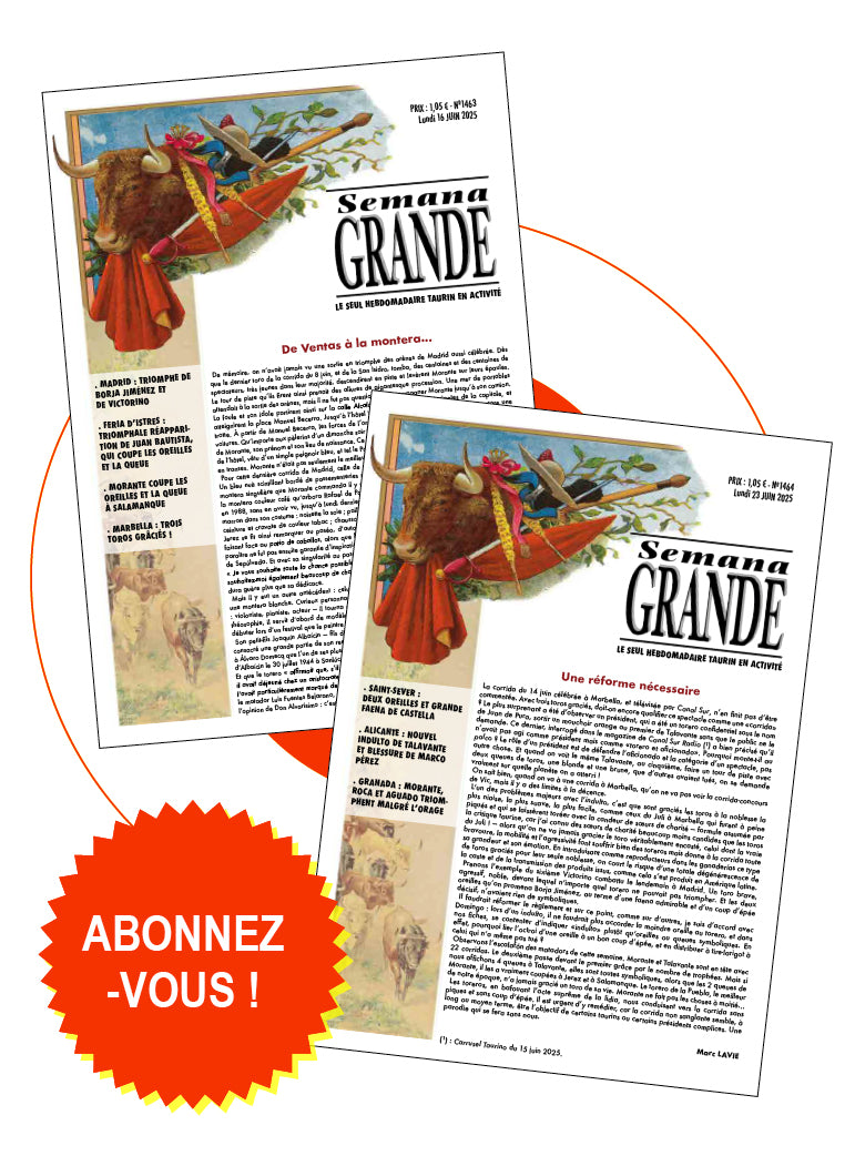 Recevez 52 numéros par an de Semana Grande, le seul hebdomadaire taurin en activité. Actualité taurine en France, Espagne et Amérique latine. 59,50 €/an.