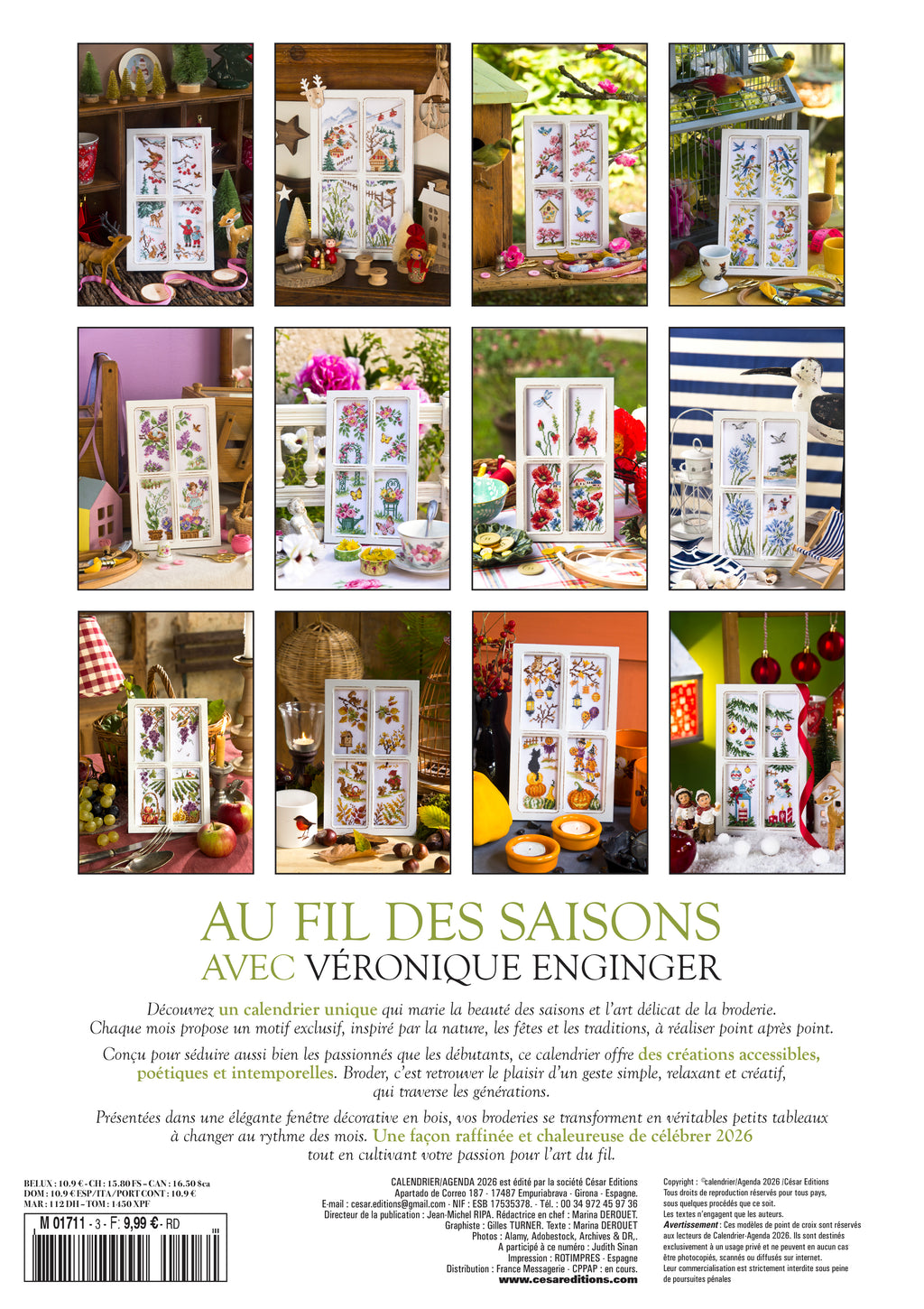Calendrier 2026 de broderie point de croix par Véronique Enginger. 12 motifs exclusifs inspirés des saisons, pour passionnés et débutants. Broderies présentées dans un cadre décoratif en bois.