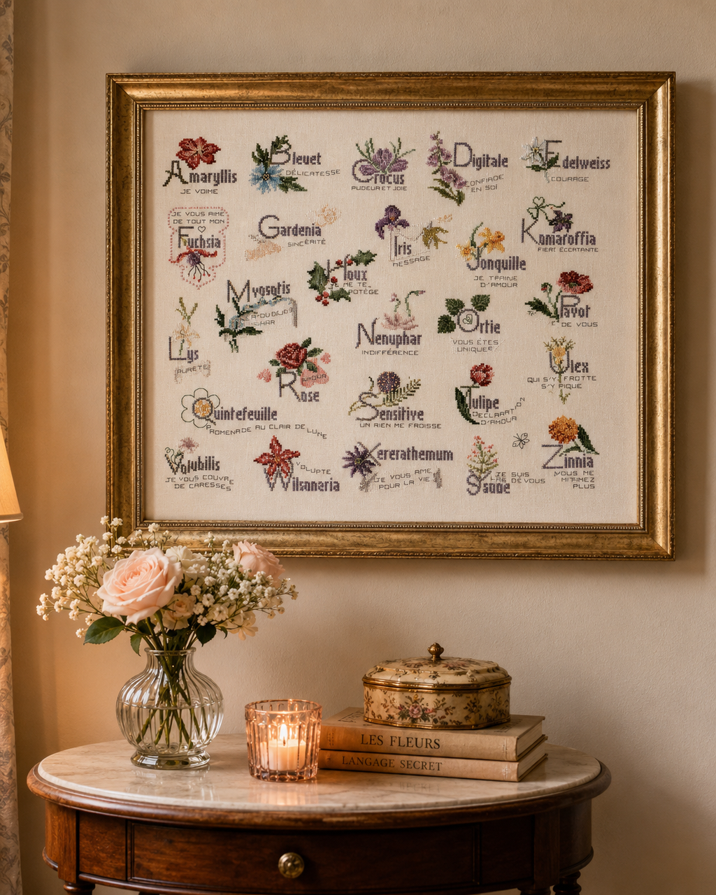 Mook broderie : plus de 15 projets floraux exclusifs au point de croix. Coussins, nappes, cartes et accessoires inspirés du langage des fleurs.