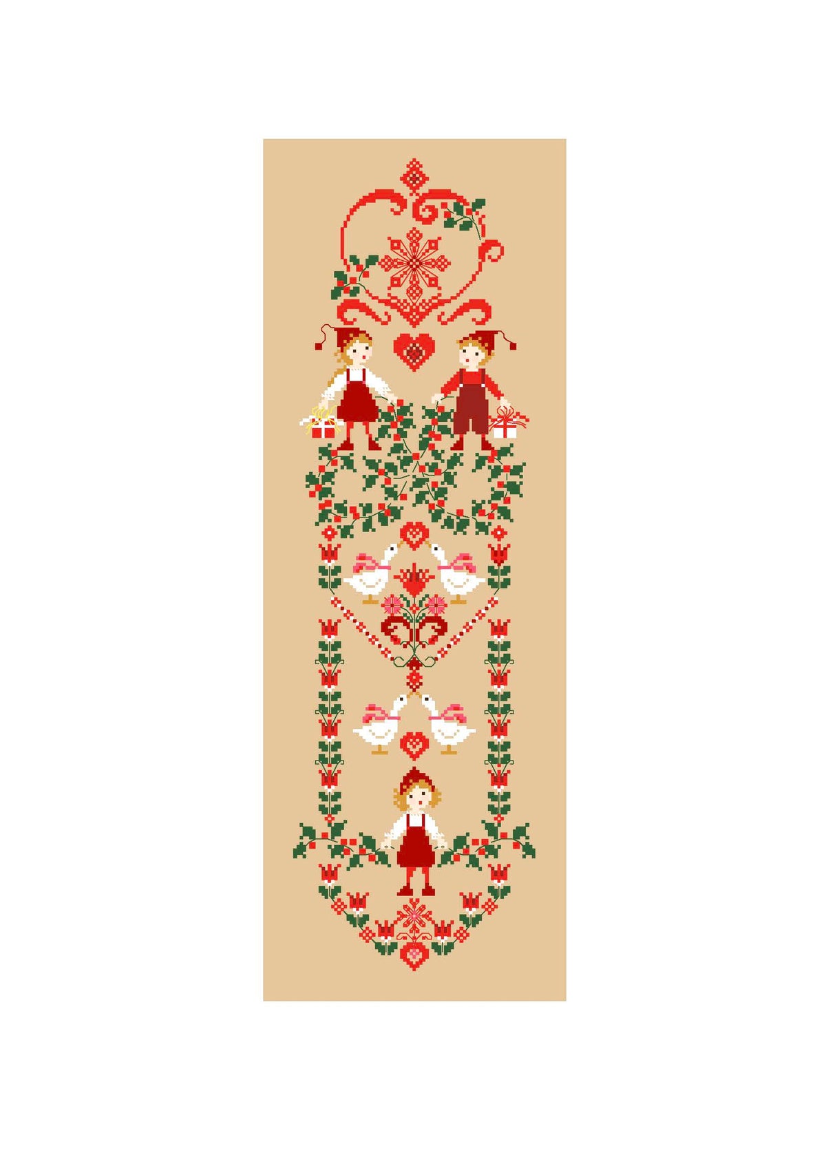 Grille point de croix de Perrette Samouïloff : bande de Noël avec lutins et colombes, 77x259 pts. Broderie festive idéale pour chemin de table ou suspension.