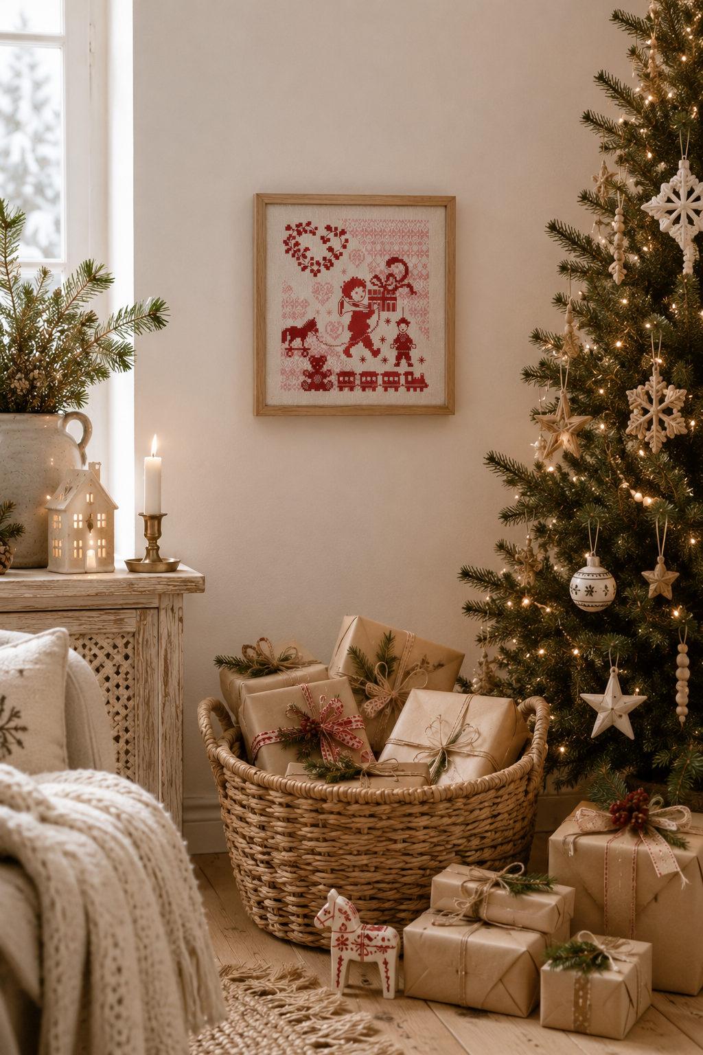 Grille point de croix de Perrette Samouïloff : enfant et cadeau de Noël, 90x90 pts. Broderie festive et poétique sur toile blanche ou claire.