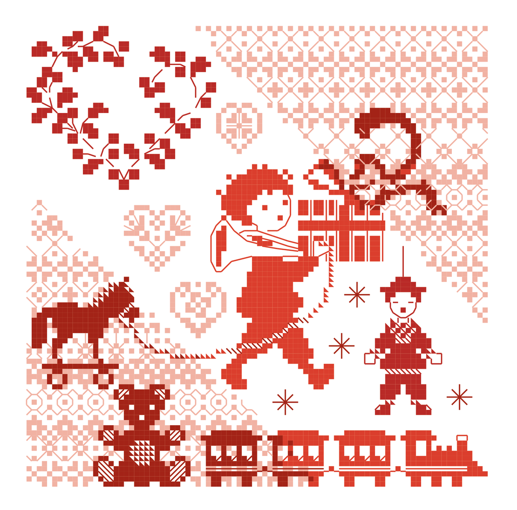 Grille point de croix de Perrette Samouïloff : enfant et cadeau de Noël, 90x90 pts. Broderie festive et poétique sur toile blanche ou claire.