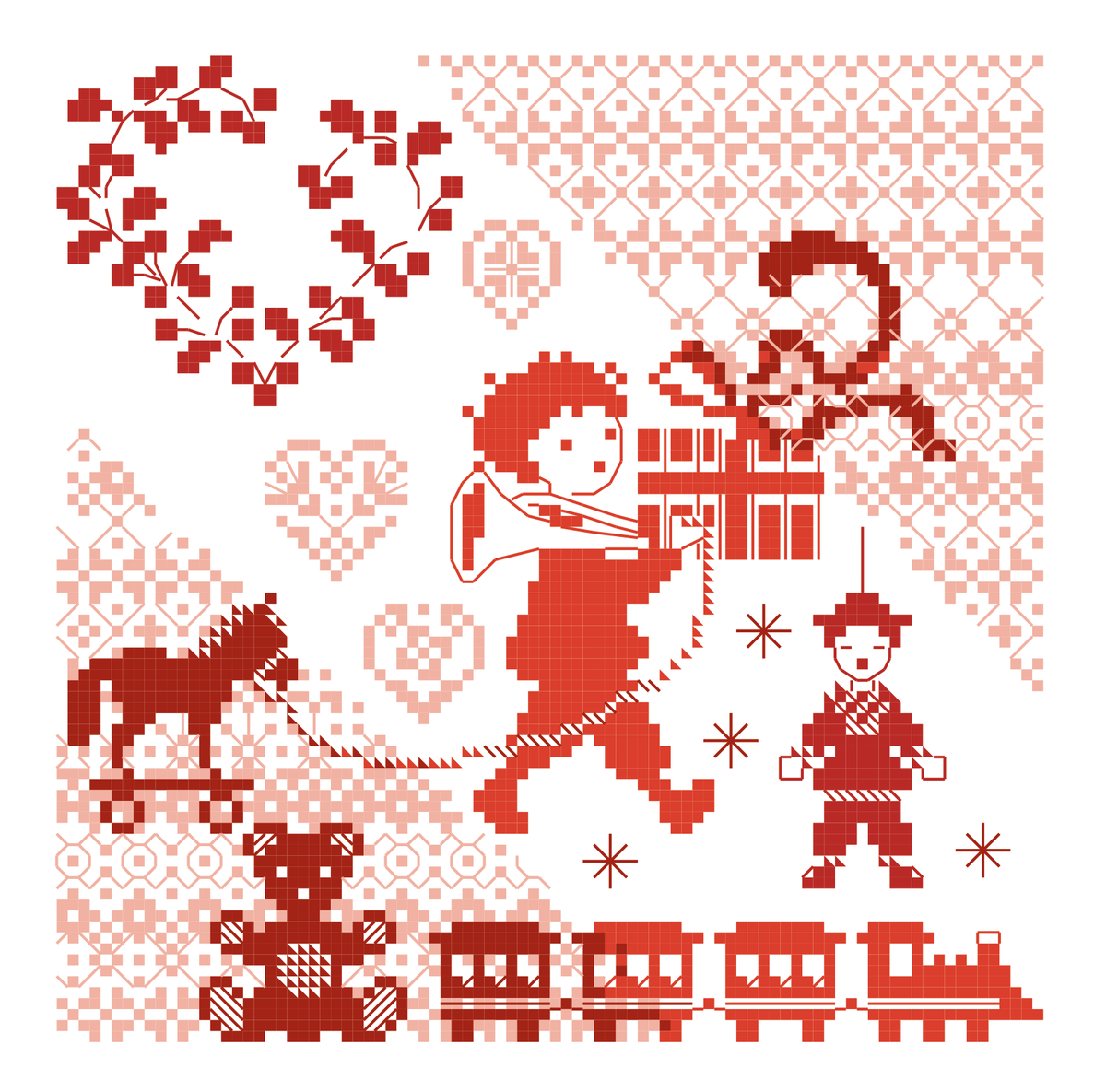 Grille point de croix de Perrette Samouïloff : enfant et cadeau de Noël, 90x90 pts. Broderie festive et poétique sur toile blanche ou claire.