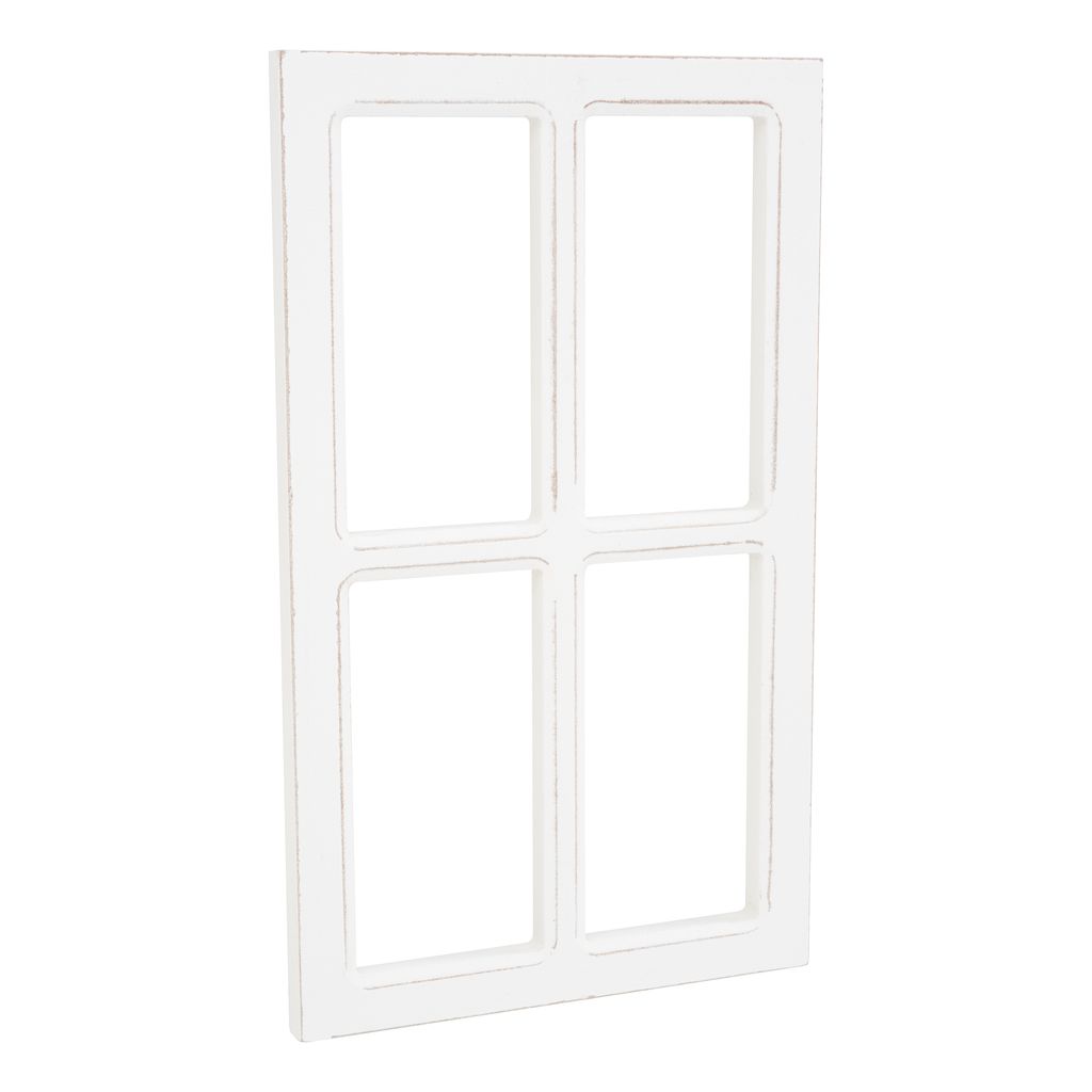 Fenêtre décorative en bois à 4 carreaux, idéale pour les broderies du calendrier 2026. 4 espaces de 5 × 9,7 cm. Style rustique et chaleureux. Dimensions : 14 × 23 cm. À peindre ou patiner selon vos envies.