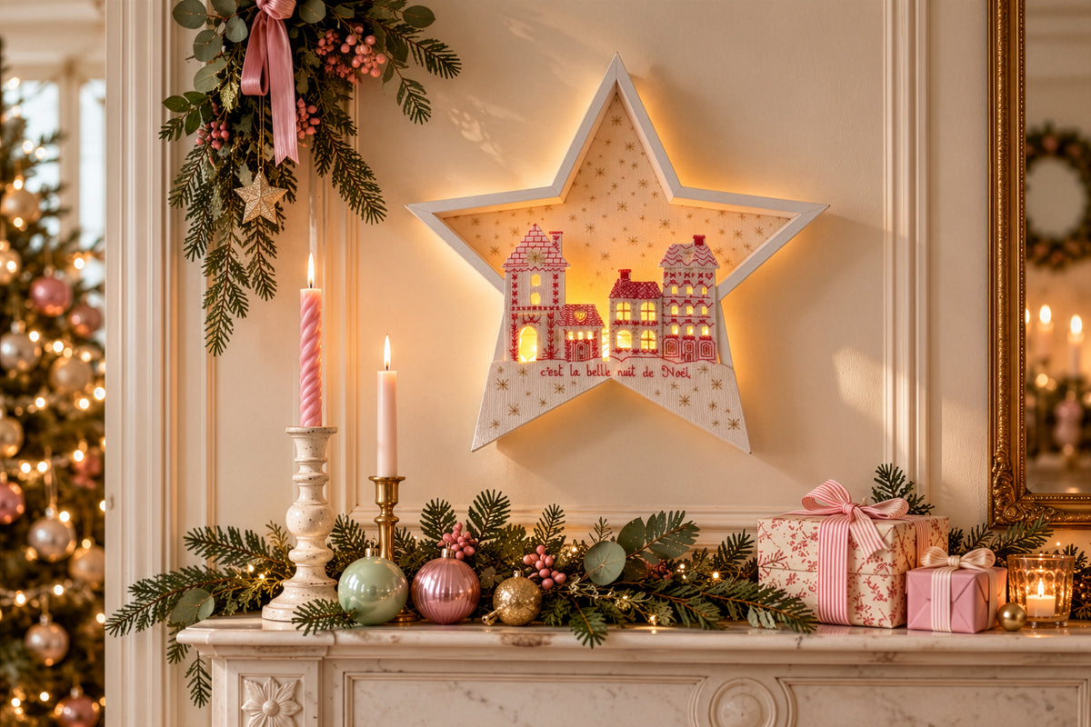 Décorez Noël avec ce cadre étoile lumineux à broder en contreplaqué, 27,5 × 27,5 × 5,3 cm. Grille disponible dans Création Point de Croix n°121.