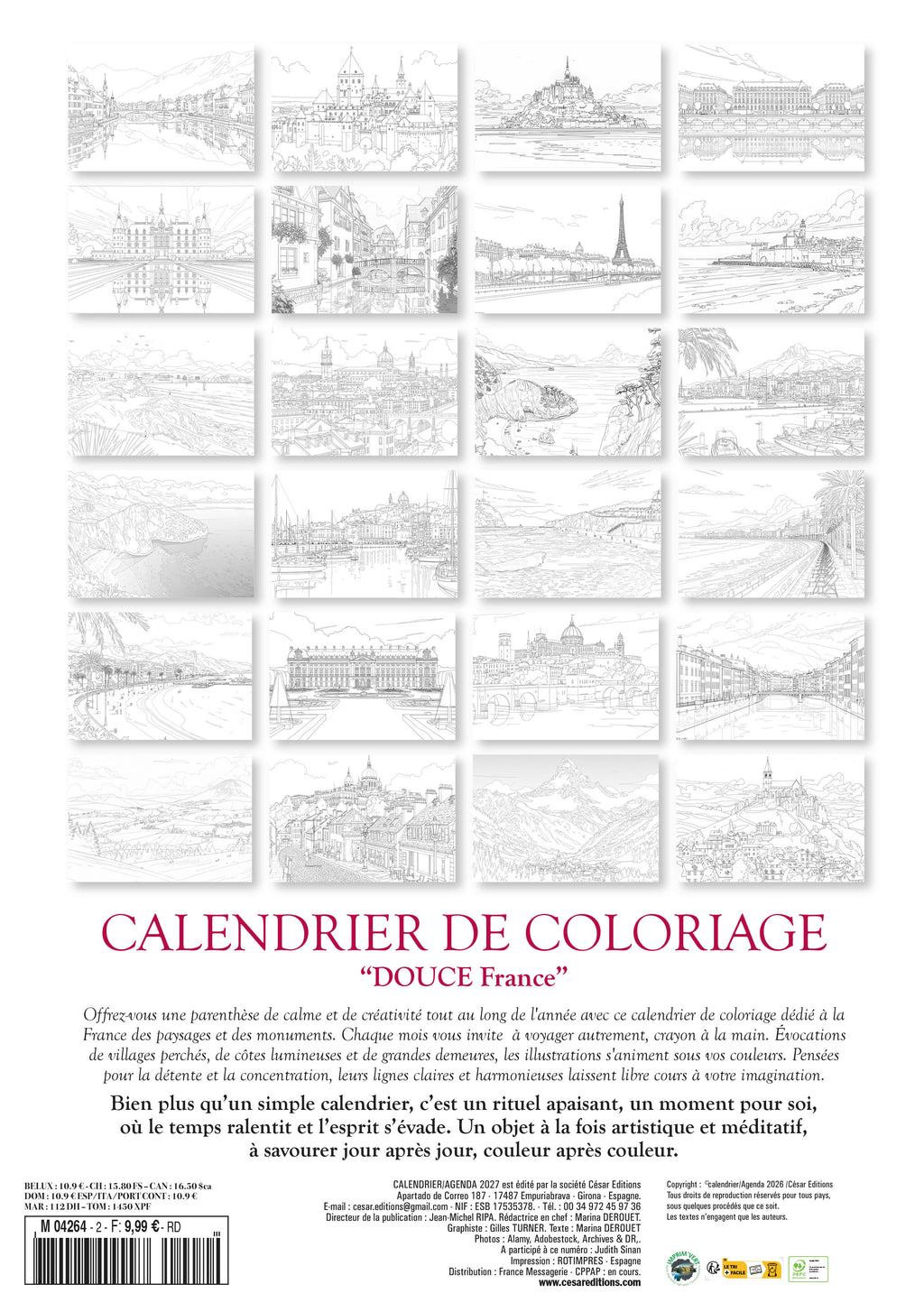 Découvrez le Calendrier 2027 Douce France à colorier : 12 paysages français à personnaliser. Villages, montagnes, campagnes — un moment créatif et apaisant toute l’année.
