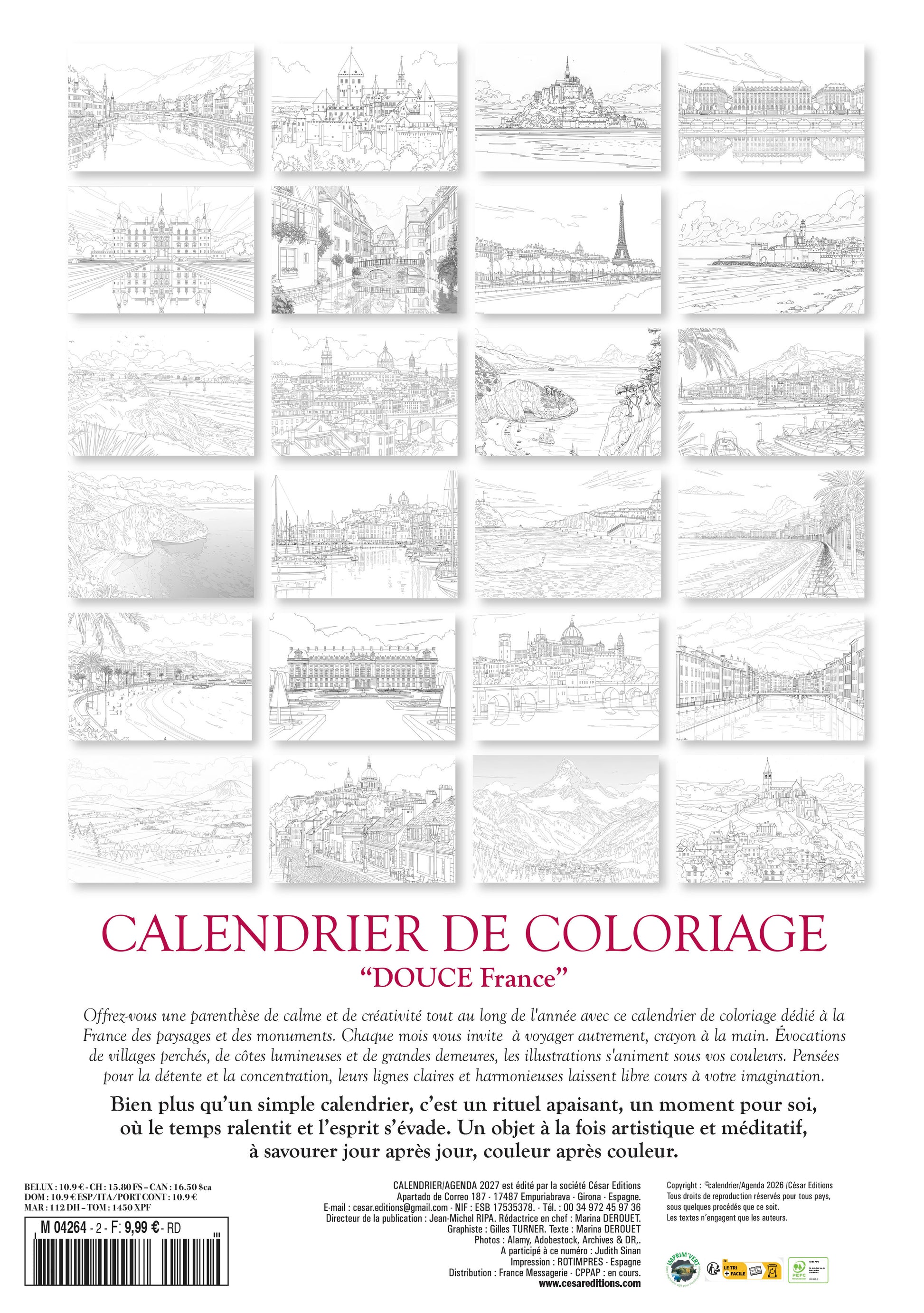 Découvrez le Calendrier 2027 Douce France à colorier : 12 paysages français à personnaliser. Villages, montagnes, campagnes — un moment créatif et apaisant toute l’année.