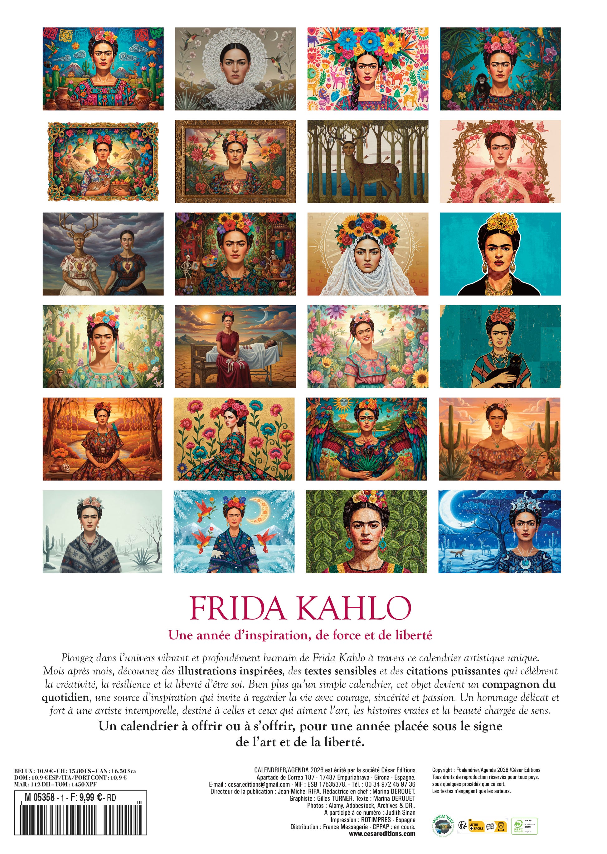 Découvrez le Calendrier 2027 Frida Kahlo : 12 mois de couleurs, fleurs et symboles mexicains. Une invitation à l’audace et à la créativité. Livraison rapide.