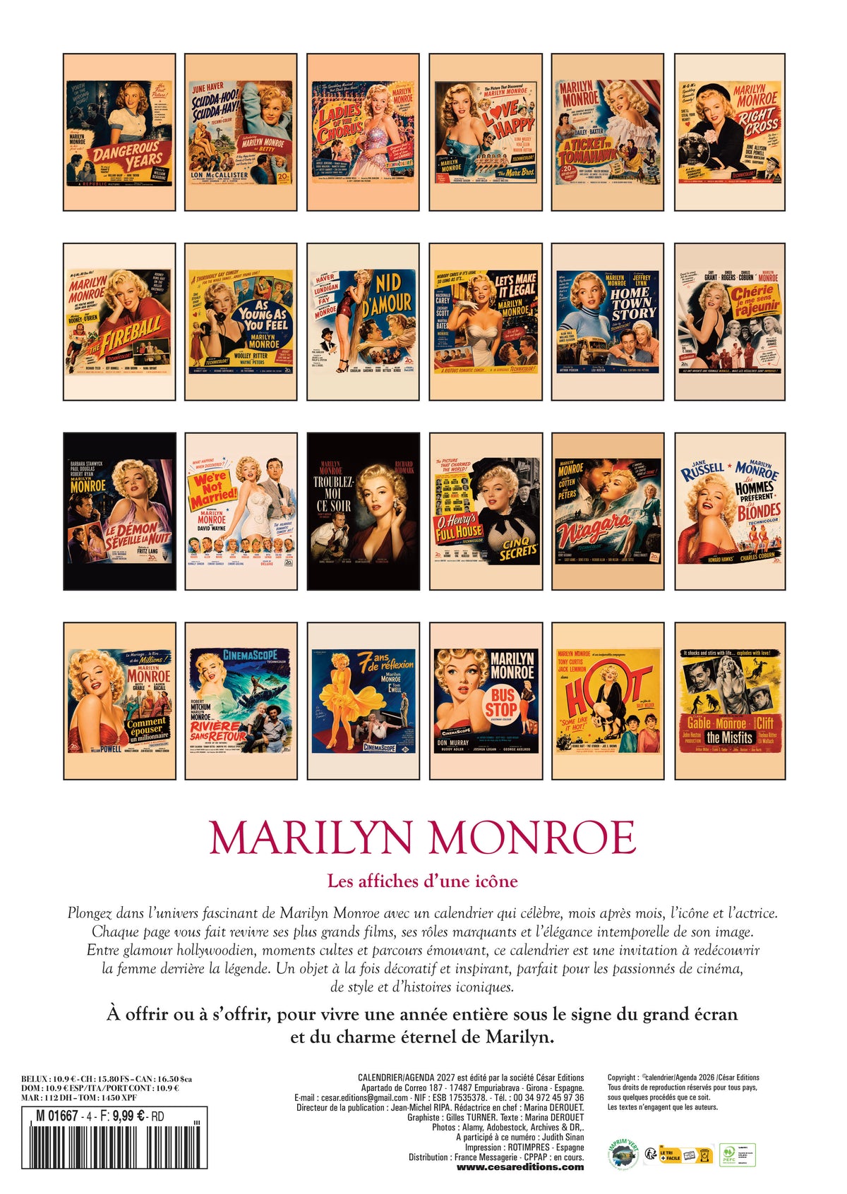 Calendrier 2027 Marilyn Monroe : 12 mois d’anecdotes inédites et dates clés sur la vie de l’icône d’Hollywood. Glamour et mystère toute l’année. 9,99 €.