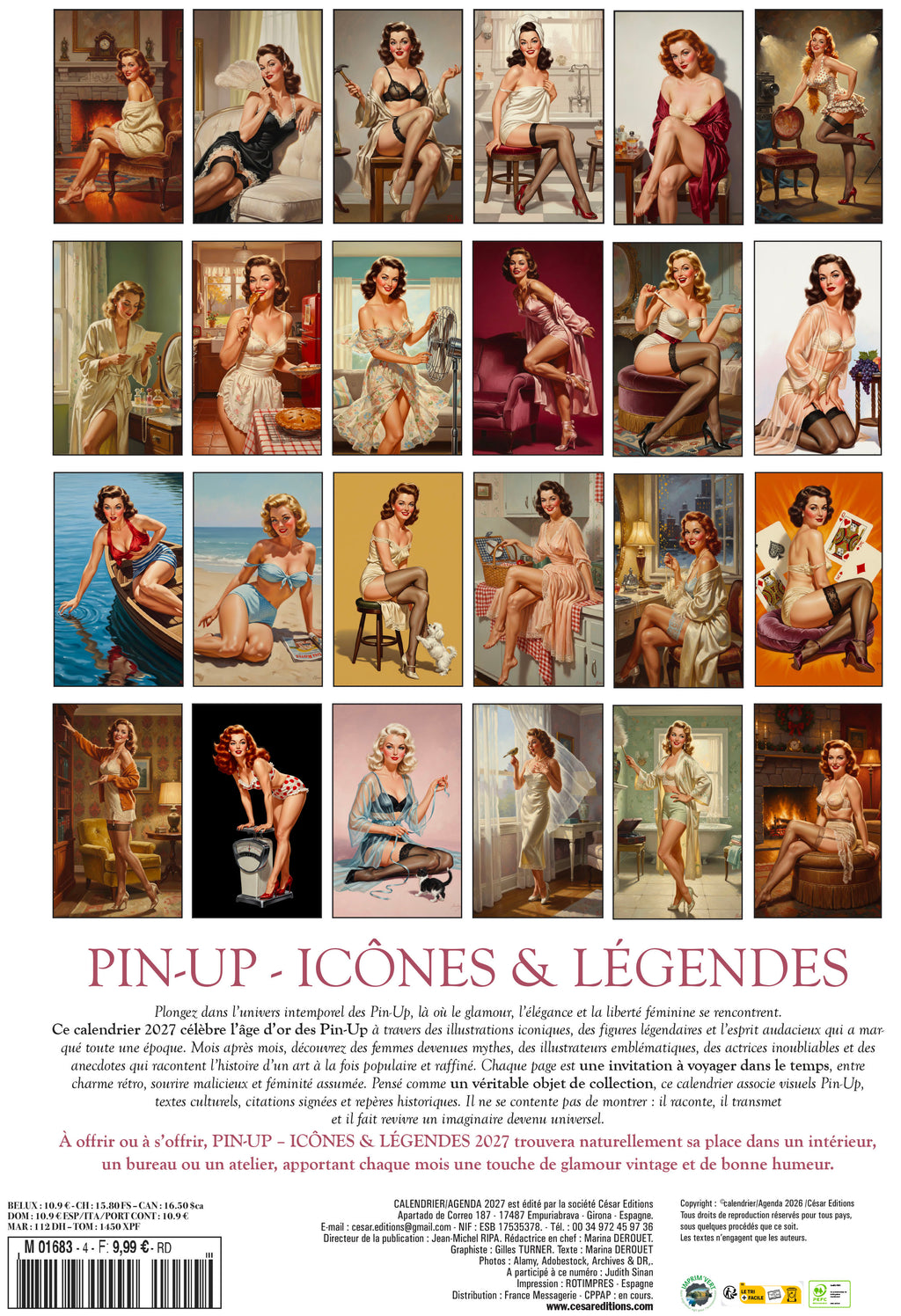Calendrier 2027 Pin-Up : 12 icônes du glamour vintage, de Betty Grable à Bettie Page. Un voyage à travers l’histoire du charme et de la féminité. 9,99 €.
