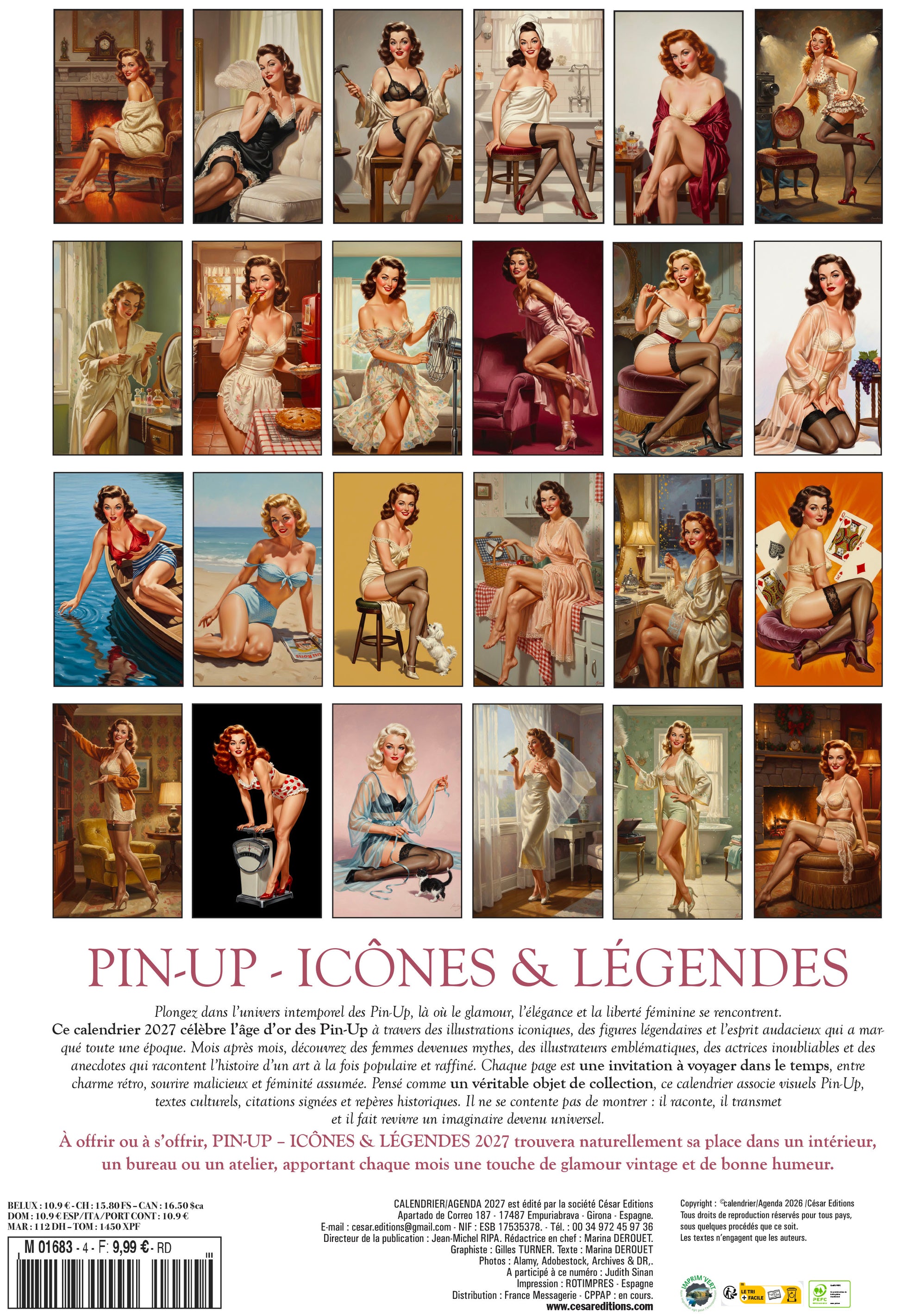 Calendrier 2027 Pin-Up : 12 icônes du glamour vintage, de Betty Grable à Bettie Page. Un voyage à travers l’histoire du charme et de la féminité. 9,99 €.