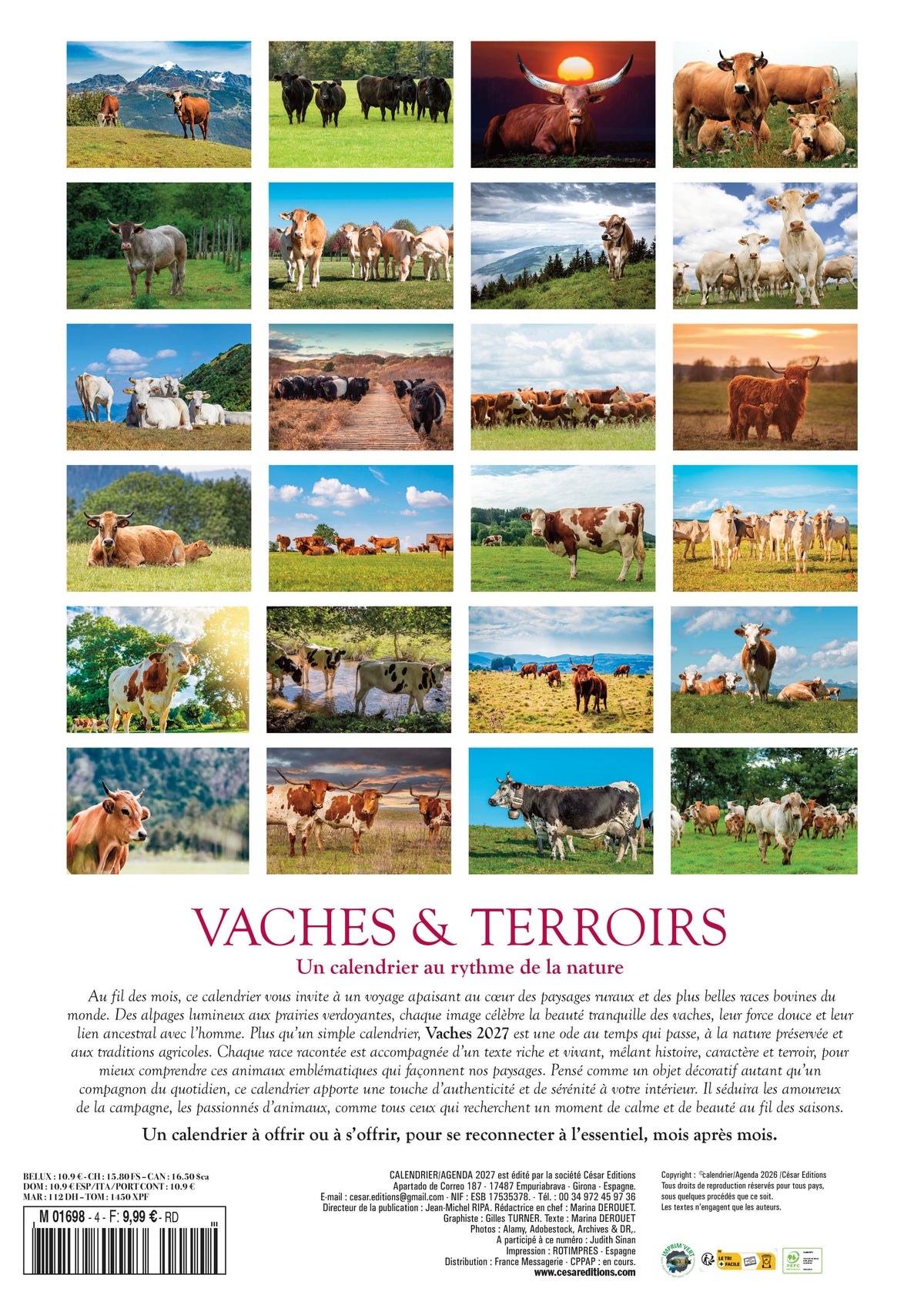 Découvrez le Calendrier 2027 Les Plus Belles Vaches du Monde : 24 races emblématiques, de l'Aubrac aux Highlands. Photos spectaculaires, histoire et terroirs agricoles. Livraison rapide.