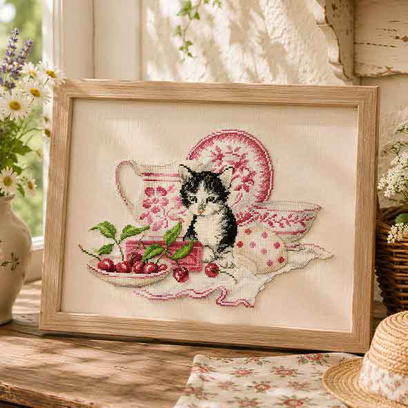 Grille point de croix « Chaton & cerises » : chaton malicieux, vaisselle ancienne et cerises. Ambiance romantique et campagne. À retrouver dans CPC n°119.