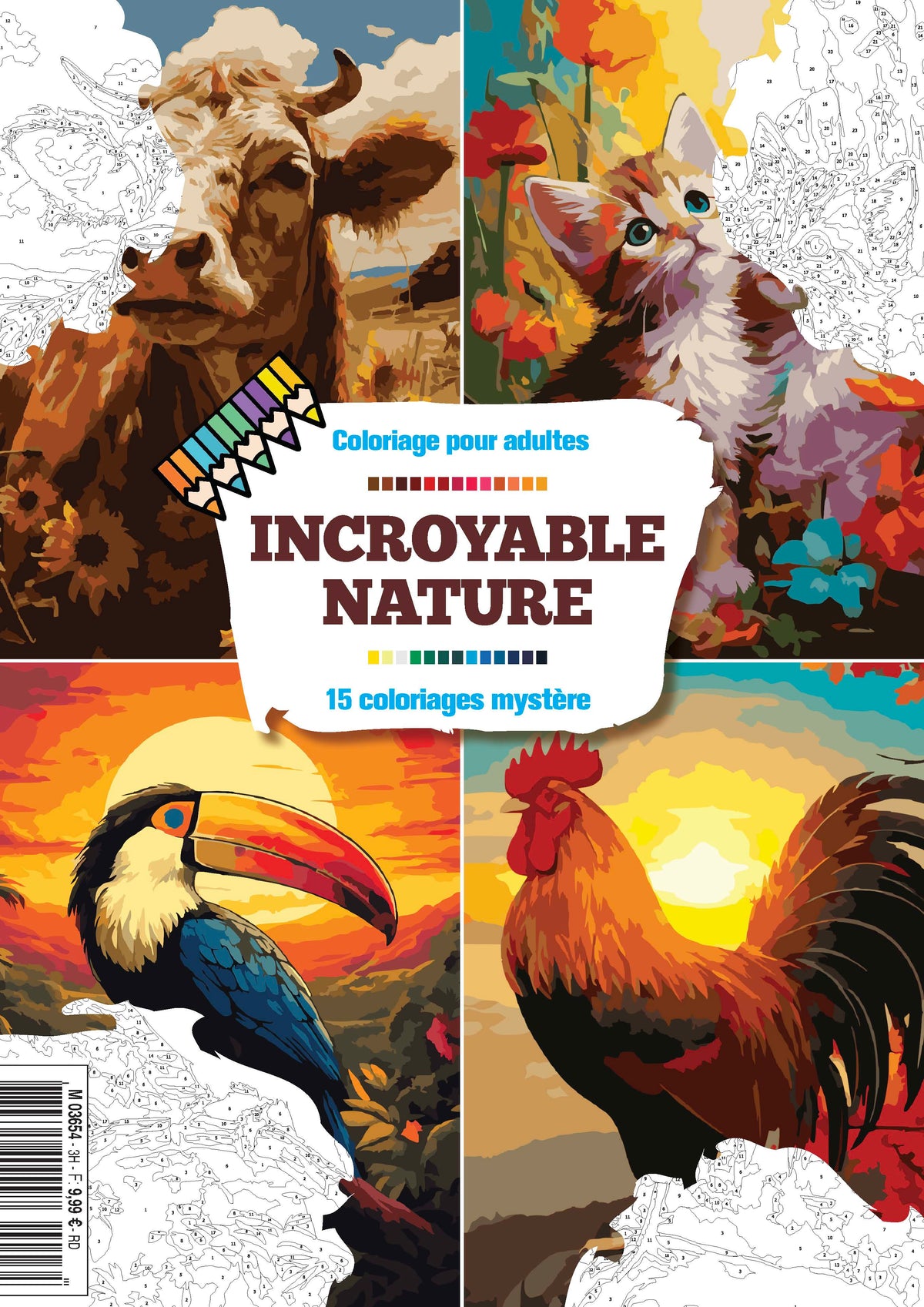 15 coloriages mystère avec 24 crayons inclus. Révélez paysages, animaux et scènes naturelles en suivant les numéros. Un loisir créatif apaisant pour tous.