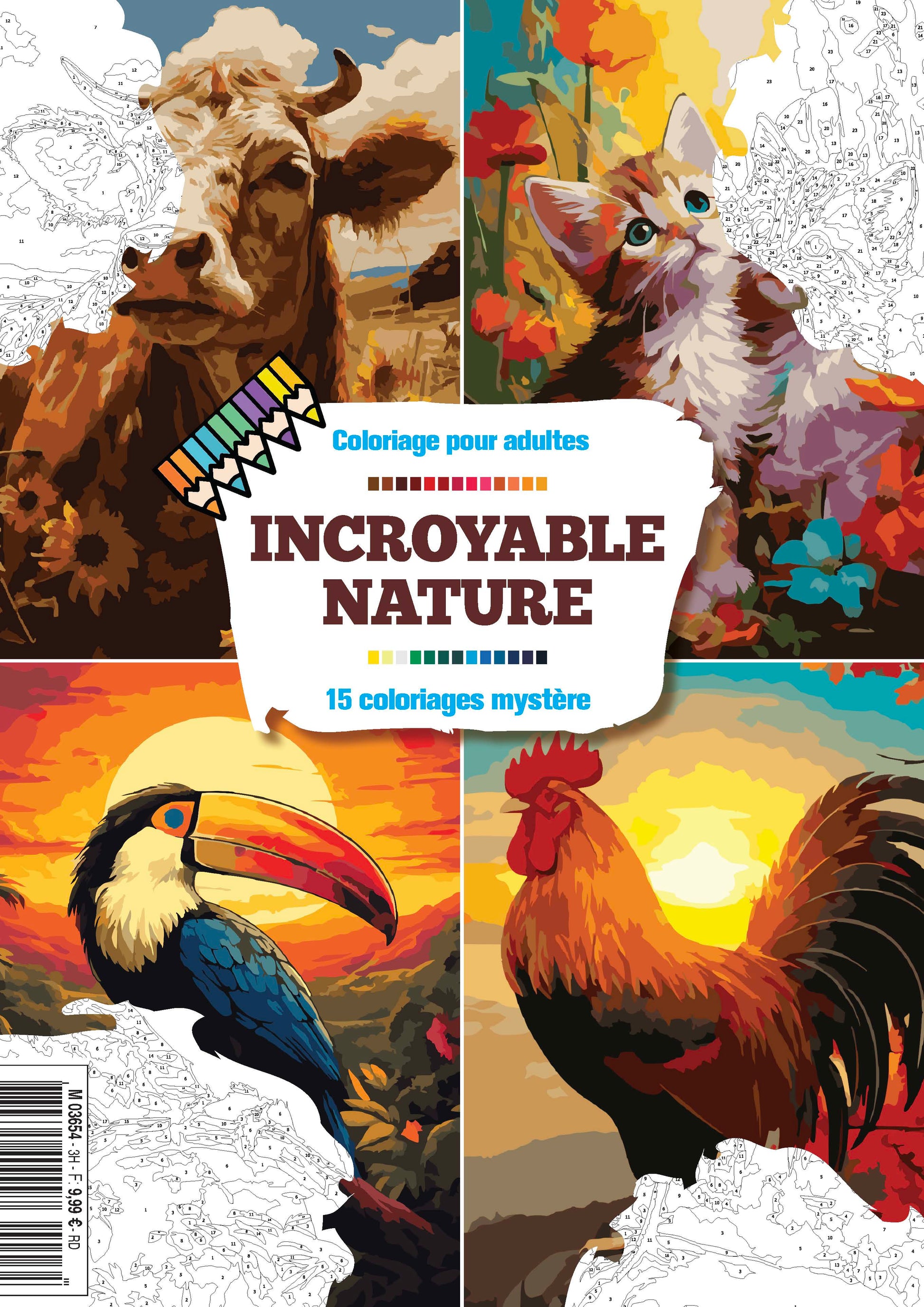 15 coloriages mystère avec 24 crayons inclus. Révélez paysages, animaux et scènes naturelles en suivant les numéros. Un loisir créatif apaisant pour tous.