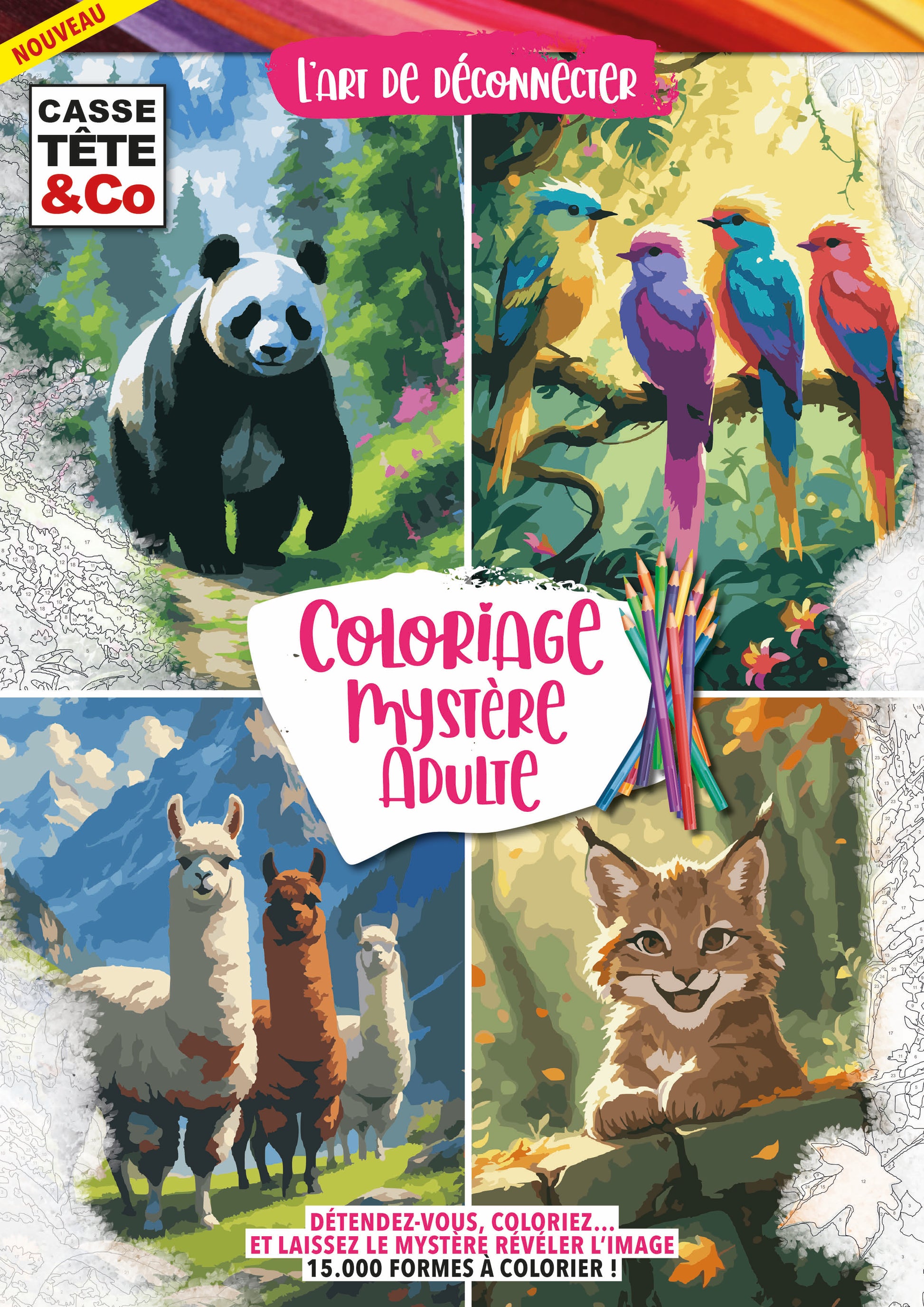 Magazine de coloriage mystère par numéros pour adultes. Paysages apaisants et scènes lumineuses à révéler progressivement. Un rituel doux et relaxant.