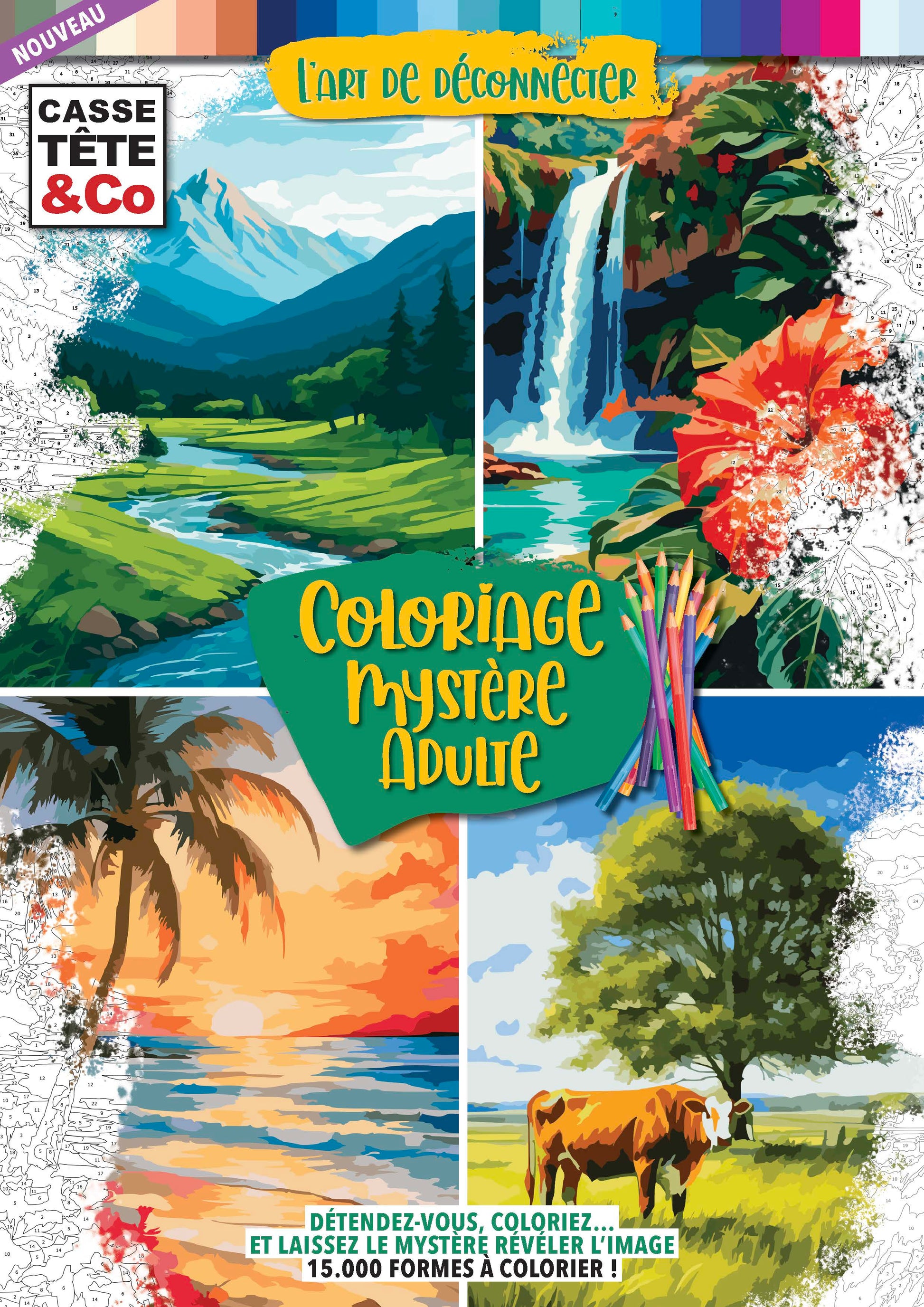 Magazine de coloriage mystère par numéros pour adultes. Paysages apaisants et scènes lumineuses à révéler progressivement. Un rituel doux et relaxant.