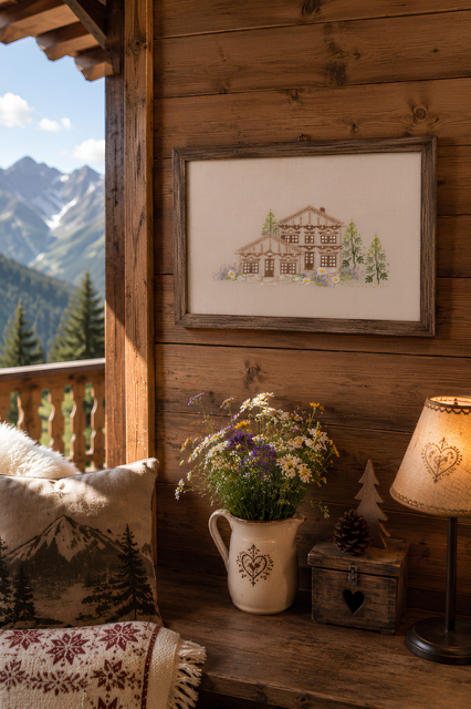 Grille point de croix « Comme un air d'alpage » : chalet alpin fleuri, 159×71 pts. Ambiance nature et montagne. À retrouver dans Création Point de Croix n°119.