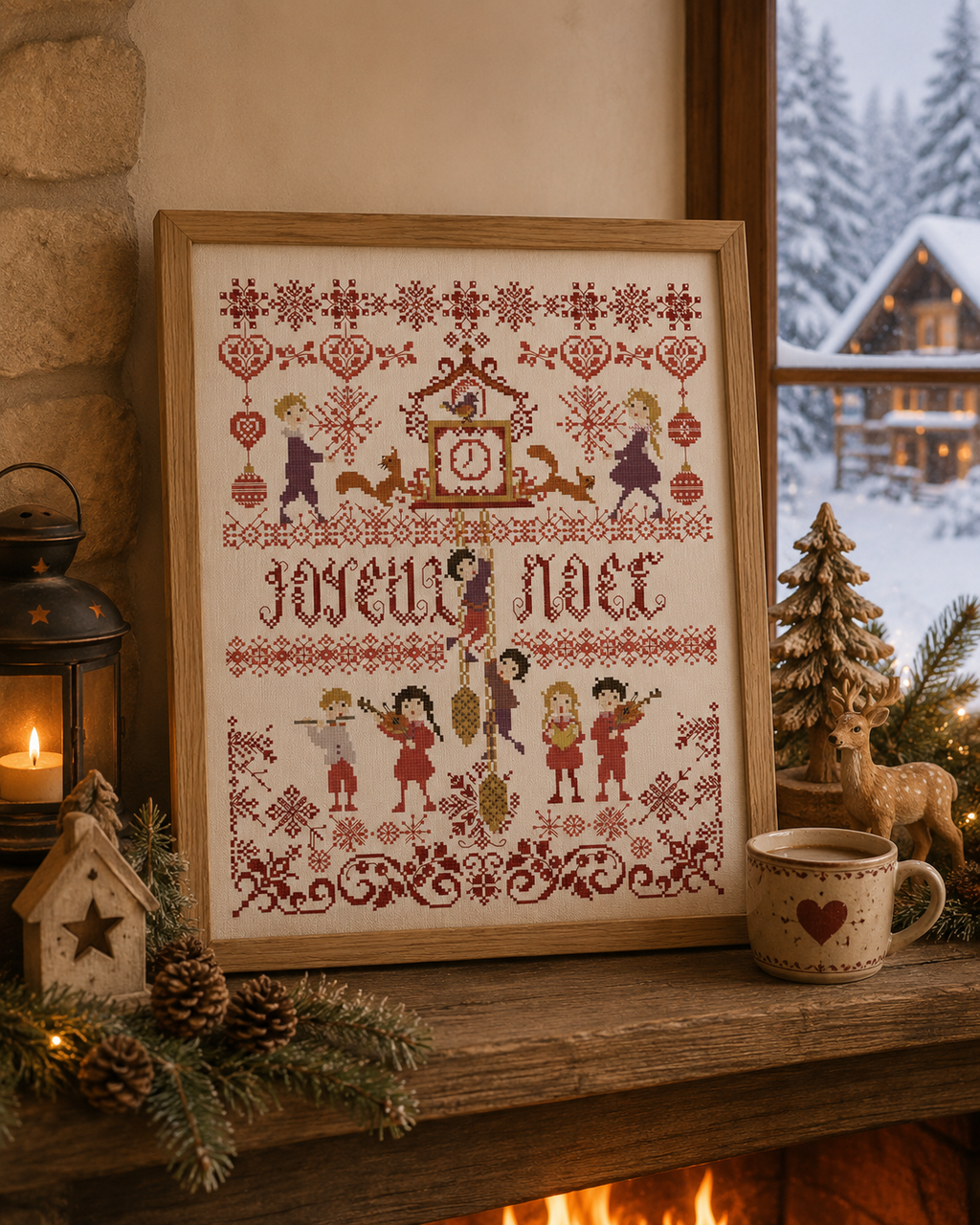 Grille point de croix Noël : enfant à la fenêtre, scène hivernale. 149x199 pts. Broderie poétique signée Perrette Samouïloff.