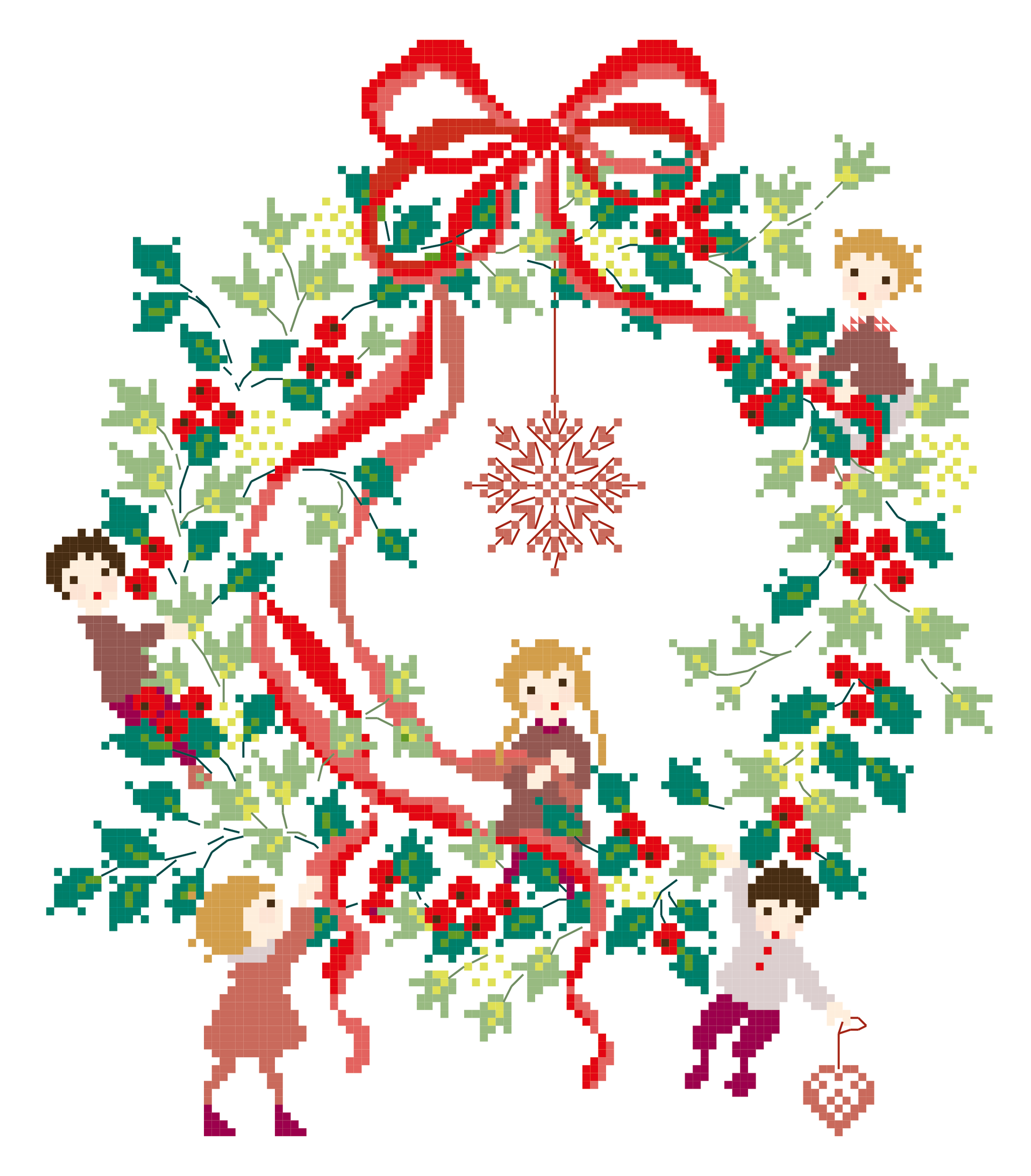 Grille point de croix Noël : couronne de houx et rubans. 120x139 pts. Broderie festive et traditionnelle signée Perrette Samouïloff.