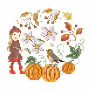 Brodez trois petites couronnes fleuries aux couleurs des saisons, avec oiseaux et petits compagnons. Grille de point de croix de Perrette Samouïloff.