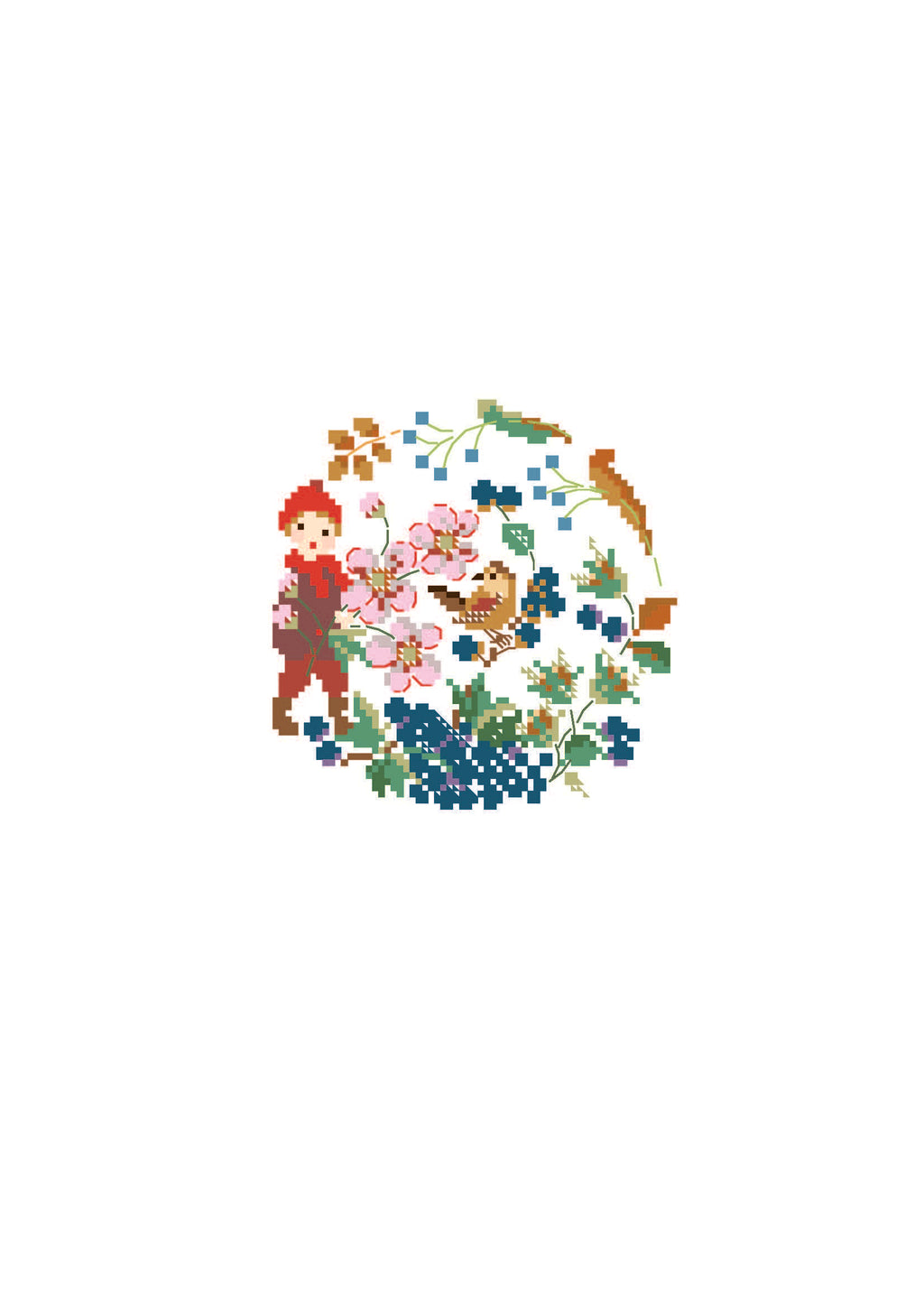 Brodez trois petites couronnes fleuries aux couleurs des saisons, avec oiseaux et petits compagnons. Grille de point de croix de Perrette Samouïloff.