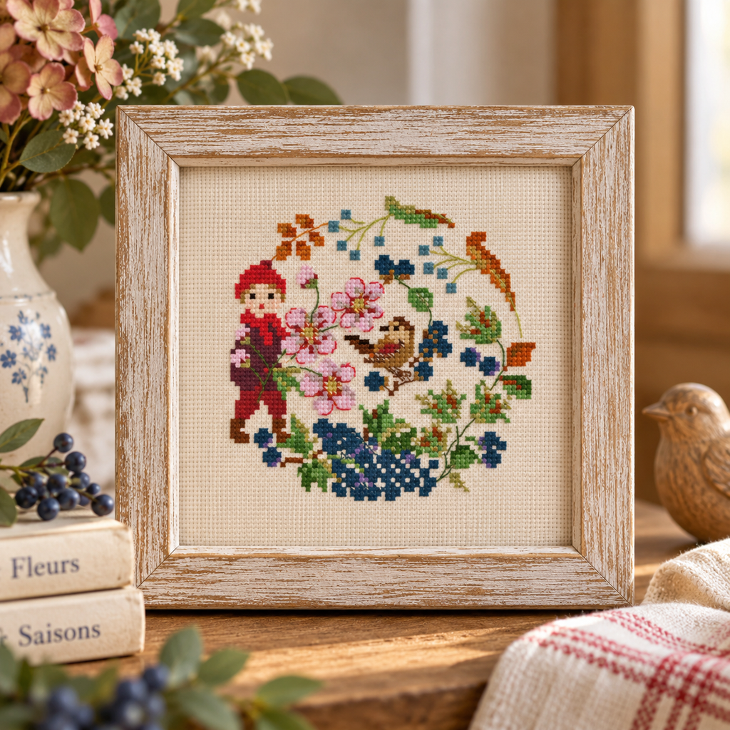 Brodez trois petites couronnes fleuries aux couleurs des saisons, avec oiseaux et petits compagnons. Grille de point de croix de Perrette Samouïloff.
