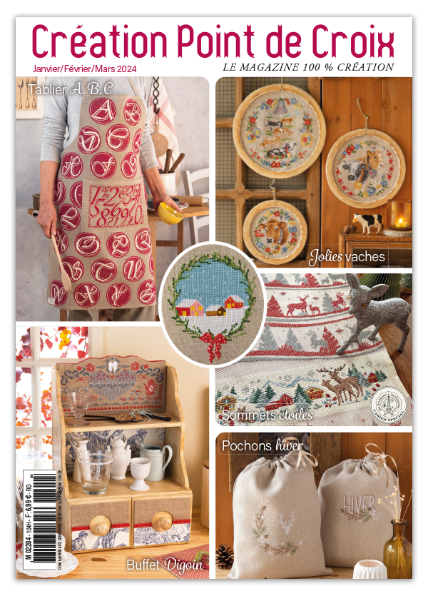 Découvrez le numéro 104 du magazine de broderie : motifs d'hiver, neige, montagne, vaches et projets point de croix pour un cocon de douceur.