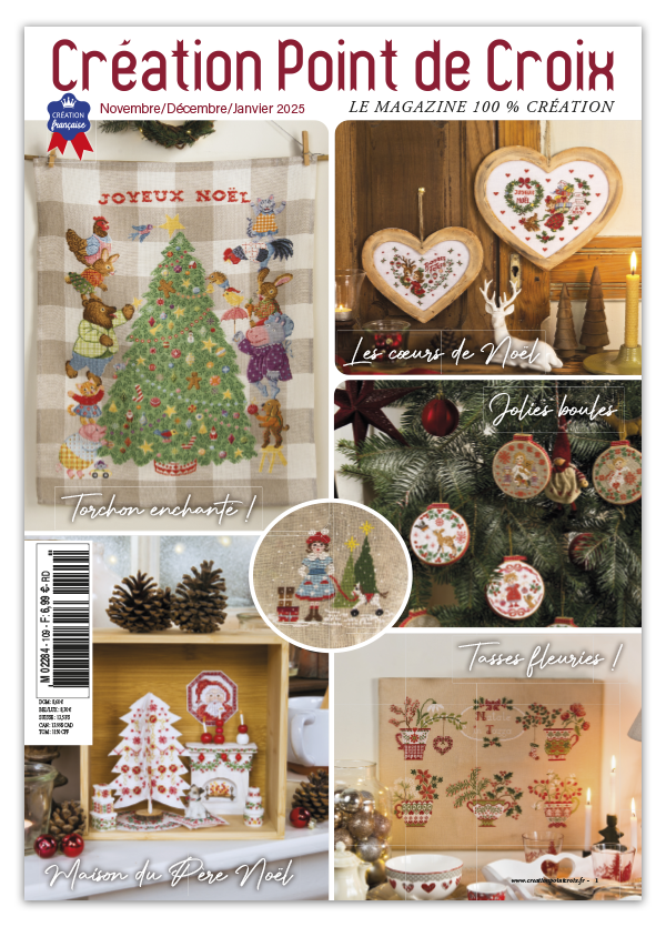 Découvrez le numéro 109 du magazine de broderie : décorations de Noël, boules brodées, torchons festifs et projets point de croix pour les fêtes.