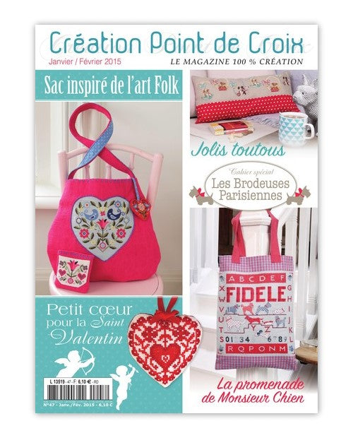 Magazine Point de Croix N°47 (Jan/Fév 2015) : flocons, coeurs, art folk et horloge coucou suisse brodés. Grilles inédites par César Editions.
