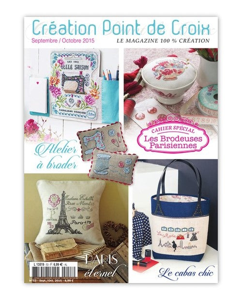 Magazine Point de Croix N°53 (Sep/Oct 2015) : motifs automne, champignons, Paris et ateliers de couture. Grilles inédites par César Editions.