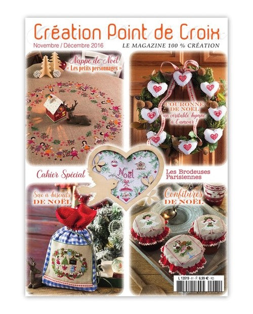 Magazine Point de Croix N°61 (Nov/Déc 2016) : spécial Noël avec nappes, chaussettes et cadeaux brodés. Grilles inédites par César Editions.