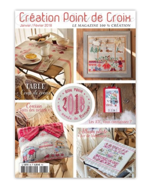 Magazine de broderie N°68 : grilles de point de croix sur le thème de la montagne et de l’hiver – pêle-mêle, coussin, bouillotte et motifs enneigés. Jan/Fév 2018.