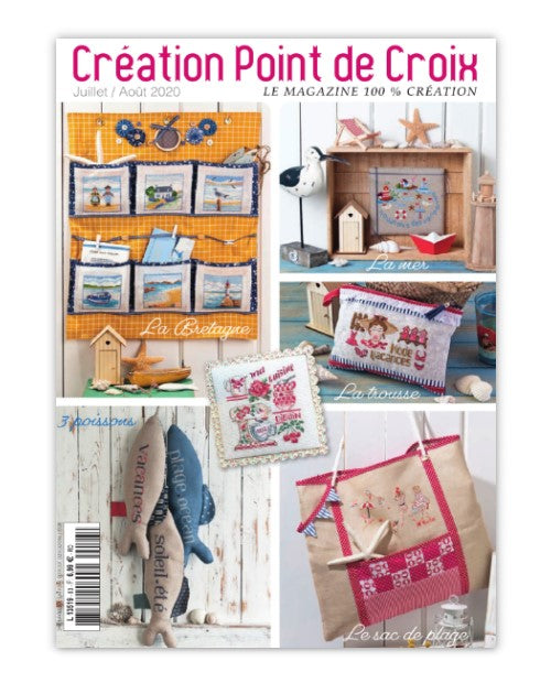 Magazine de broderie N°83 : 23 grilles de point de croix sur le thème de l’été – cabas, pochettes, drap de bain et motifs marins. Juillet/Août 2020.