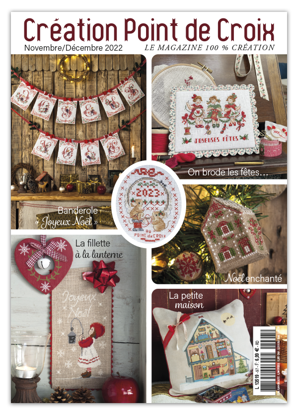 Découvrez le numéro 97 du magazine Création Point de Croix : plus de 20 modèles inédits de Noël au point de croix, en rouge, blanc, vert et or.
