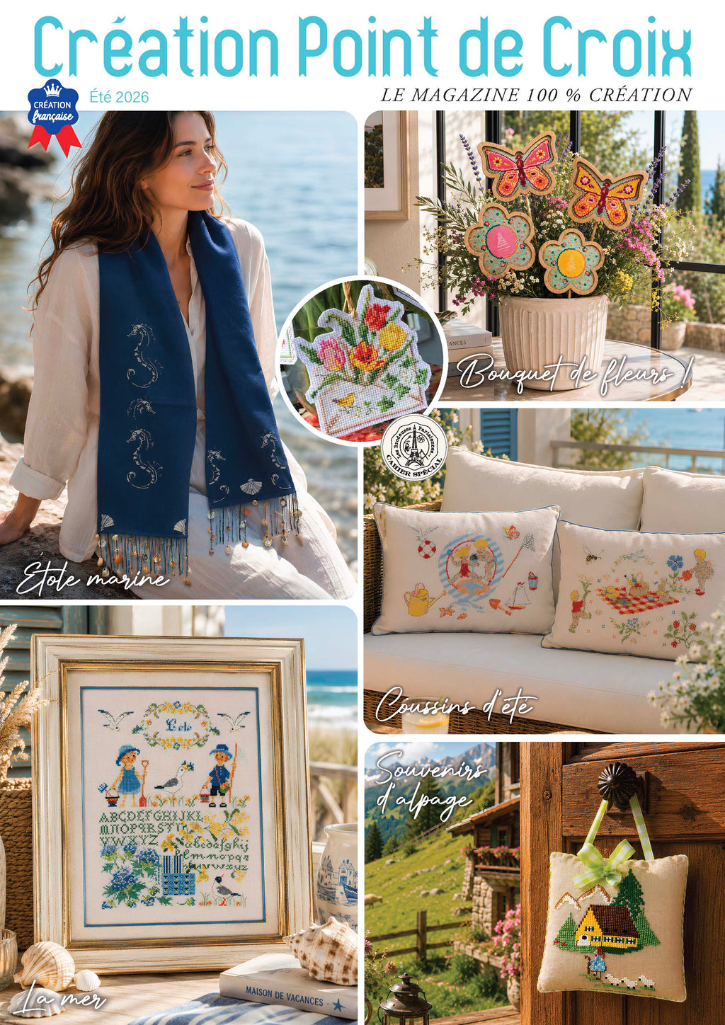Découvrez le n°119 de Création Point de Croix : bouquets champêtres, décors marins, accessoires rétro et projets déco pour un été brodé de douceur.