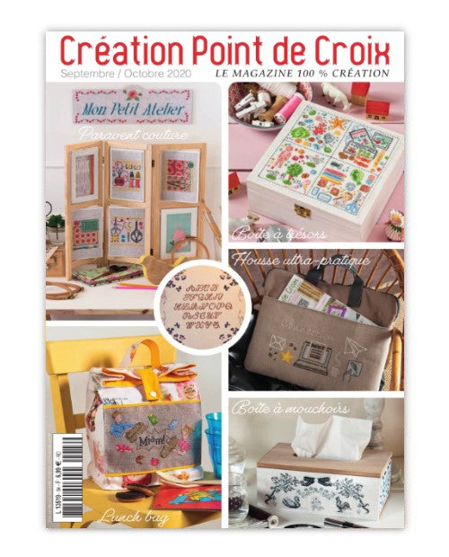 Magazine de broderie N°84 : grilles de point de croix sur le thème de la rentrée – accessoires de bureau, torchons, vaches et abécédaire. Sept/Oct 2020.