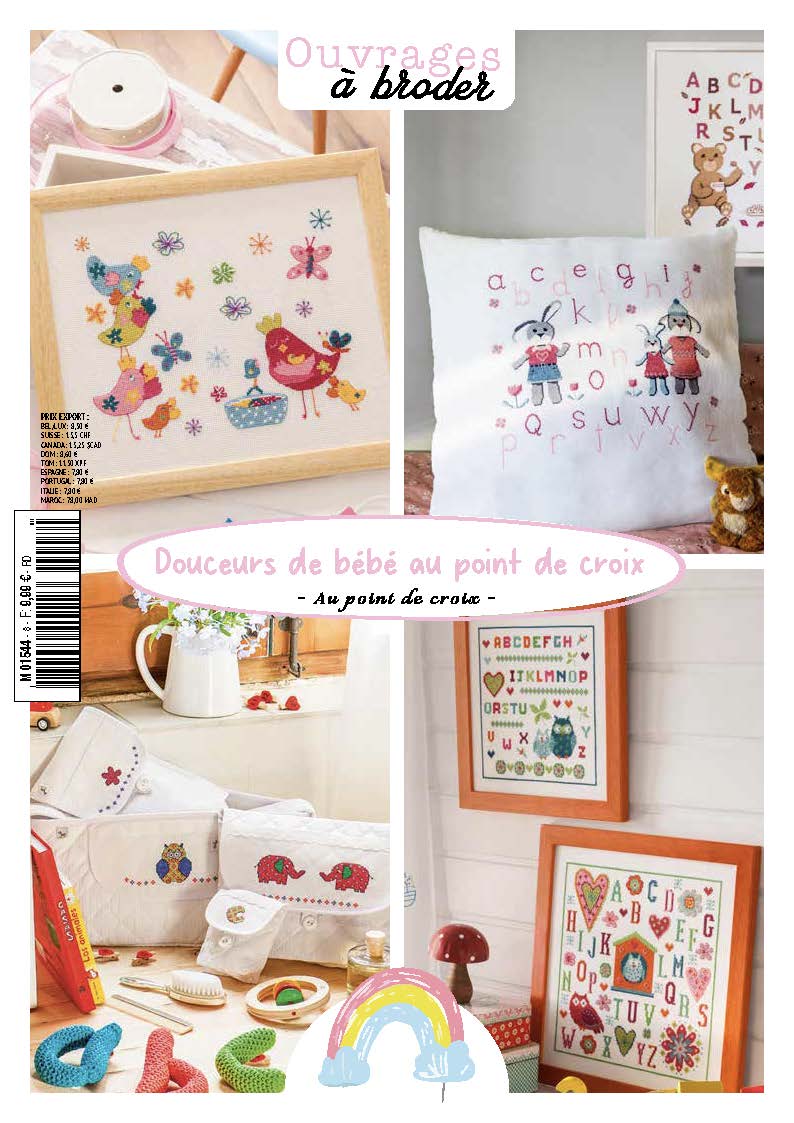 Mook broderie dédié aux créations bébé : ours, anges, bavoirs, abécédaires au point de croix. Modèles doux et poétiques pour offrir.