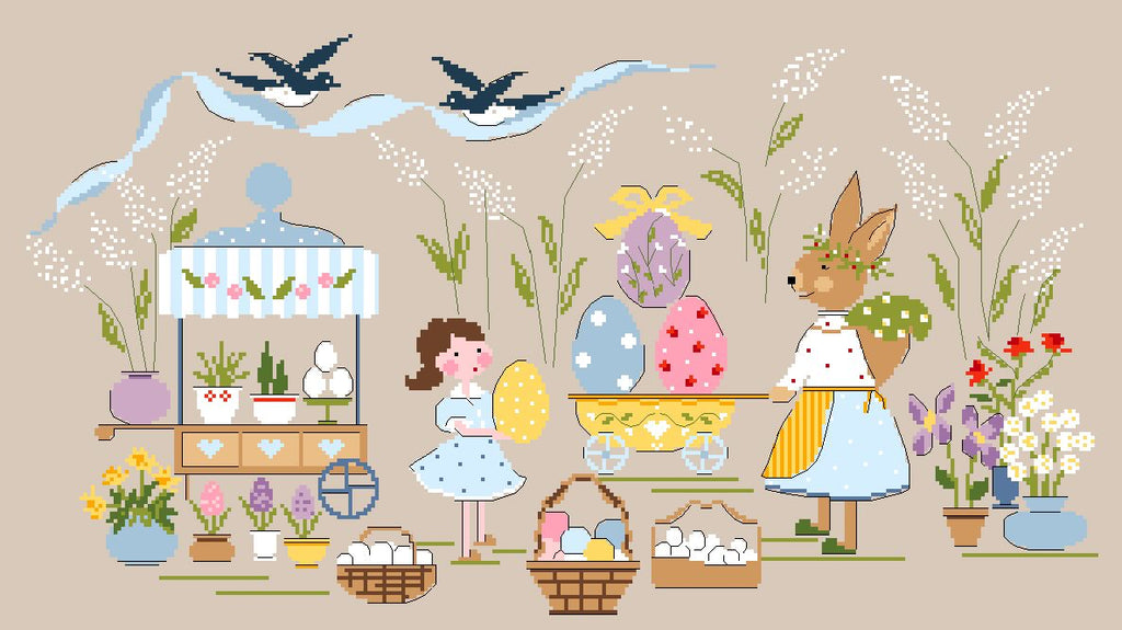 Grille point de croix Easter Market de Lili Violette. Marché de Pâques 280x153 points, sur toile de lin moka. Scène printanière et festive.