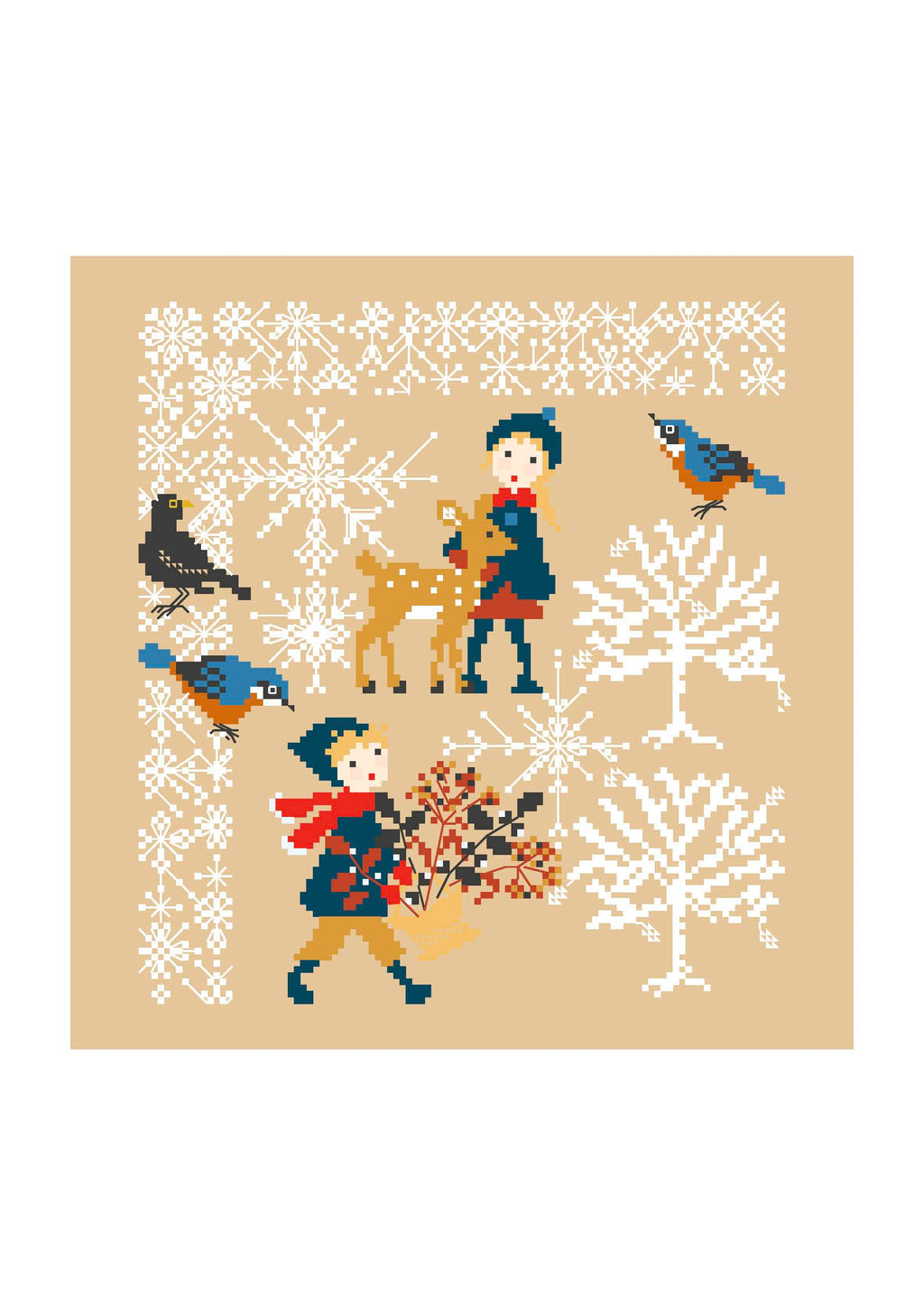 Grille point de croix "Faon en hiver" par Perrette Samouiloff. 104x113 pts, toile bis ou de couleur. Point de croix et piqûre.