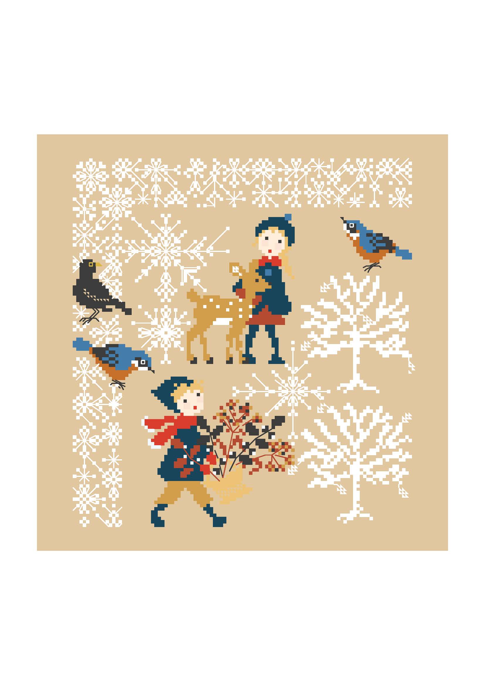 Grille point de croix "Faon en hiver" par Perrette Samouiloff. 104x113 pts, toile bis ou de couleur. Point de croix et piqûre.