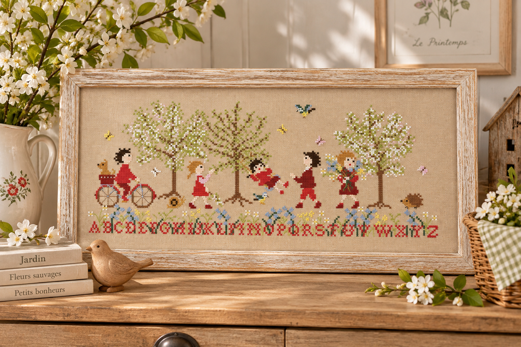 Brodez Le Jardin des lettres de Perrette Samouïloff, un alphabet fleuri aux couleurs printanières. Grille de point de croix de 209 × 83 points.