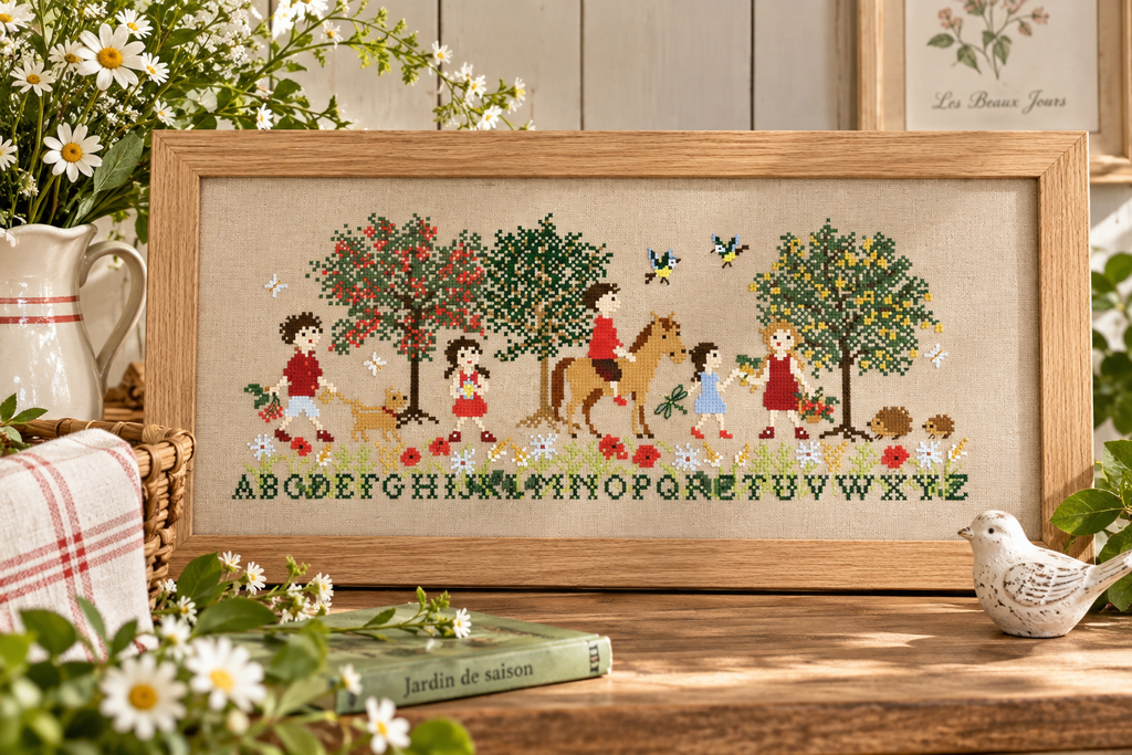 Brodez Les beaux jours de Perrette Samouïloff, une scène estivale avec enfants, fleurs et alphabet. Grille de point de croix de 210 × 83 points.
